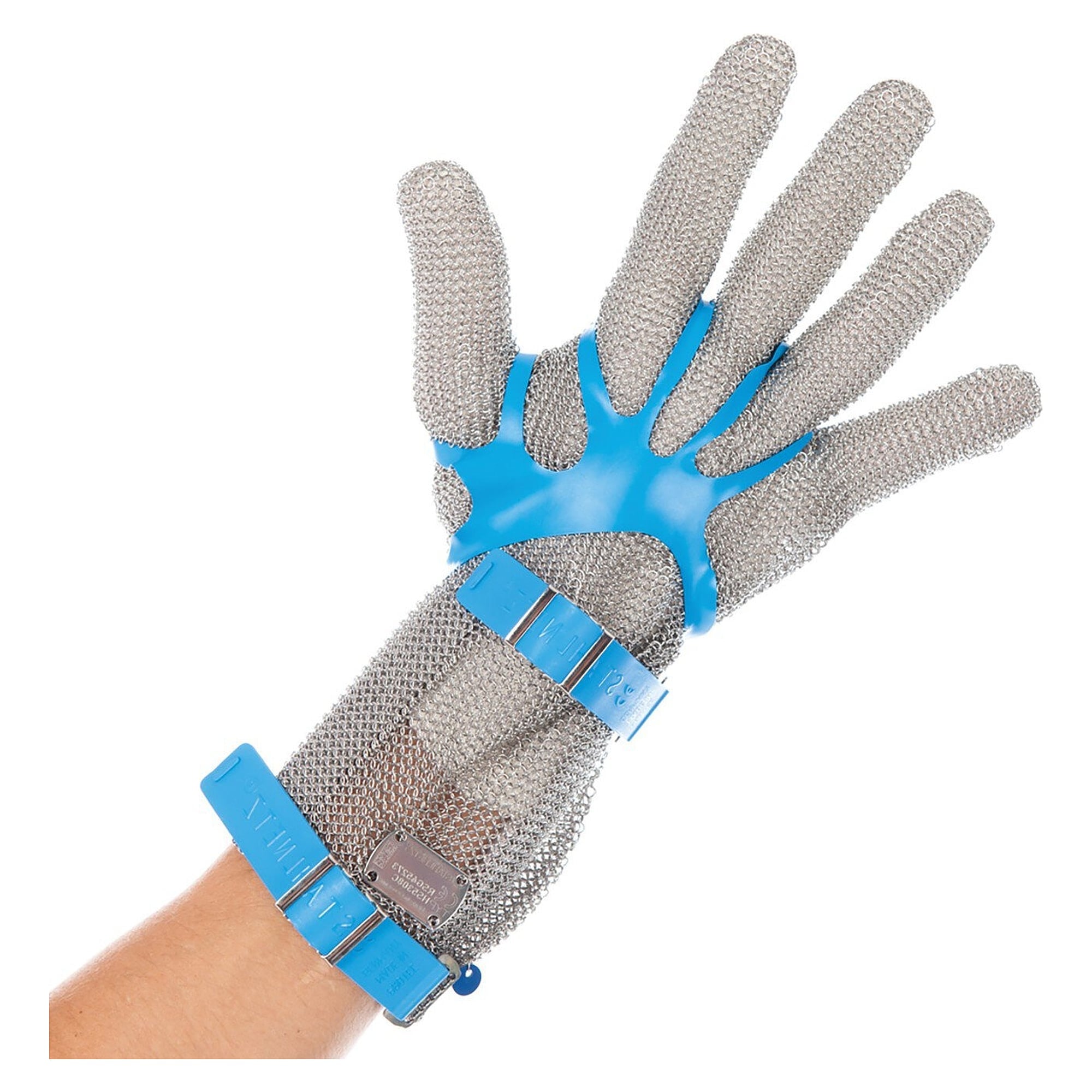 Stab protection glove, stainless steel ring mesh, 8 cm cuff, food safe, silver - Franz Mensch Hygostar-33513