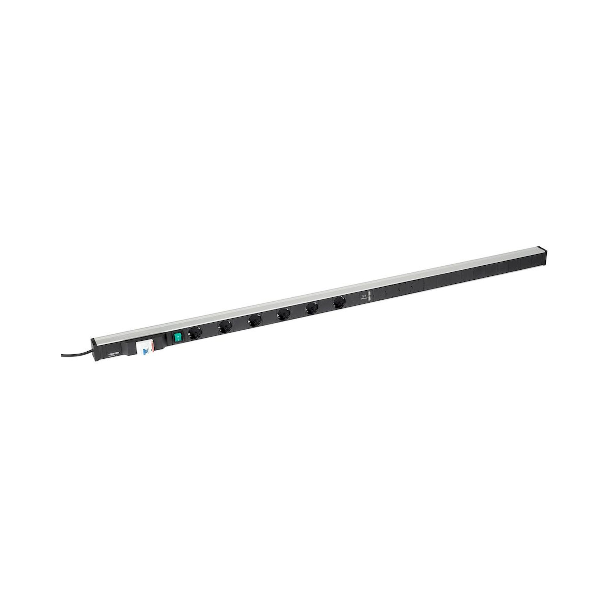 Treston TPR17-010. Treston Energieleiste 1700/10, Länge 1700 mm, mit 6 Schuko-Steckdosen CEE7/3, Schalter, FI-Schalter und USB-Ladebuchse, Typ A. 4,5 m langes Netzkabel. 16A/250 V, max. Leistungsaufnahme 3500 W. Befestigung auf/unter der Tischplatte/Etage