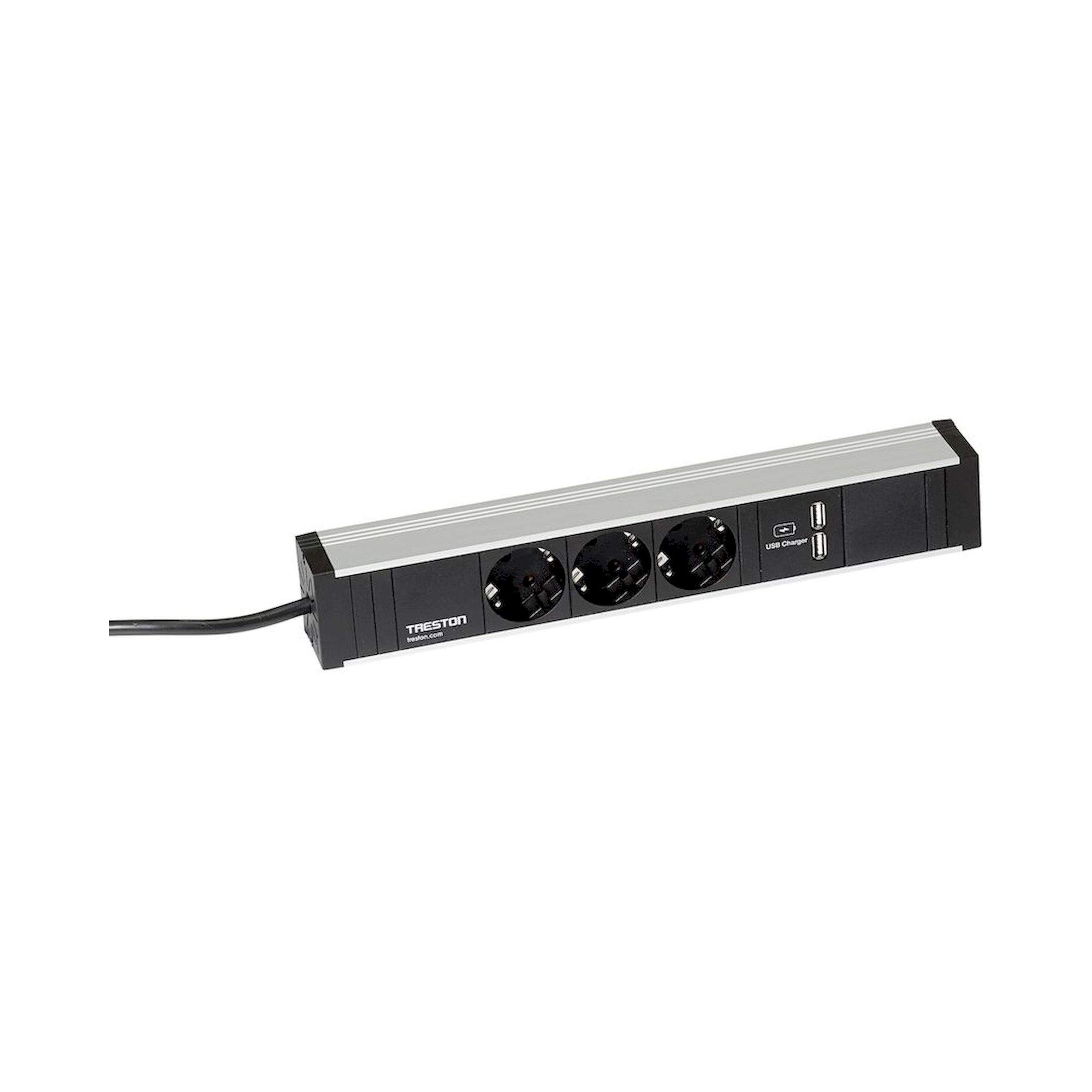 Treston TPR3-001. Treston Energieleiste 331, Länge 331 mm, mit 3 Schuko-Steckdosen CEE7/3 und 2xUSB-Ladebuchse, Typ A. 4,5 m langes Netzkabel. 16A/250 V, max. Leistungsaufnahme 3500 W. Vertikale Befestigung an senkrechten Aufbauprofilen, Lochplatten, auf 