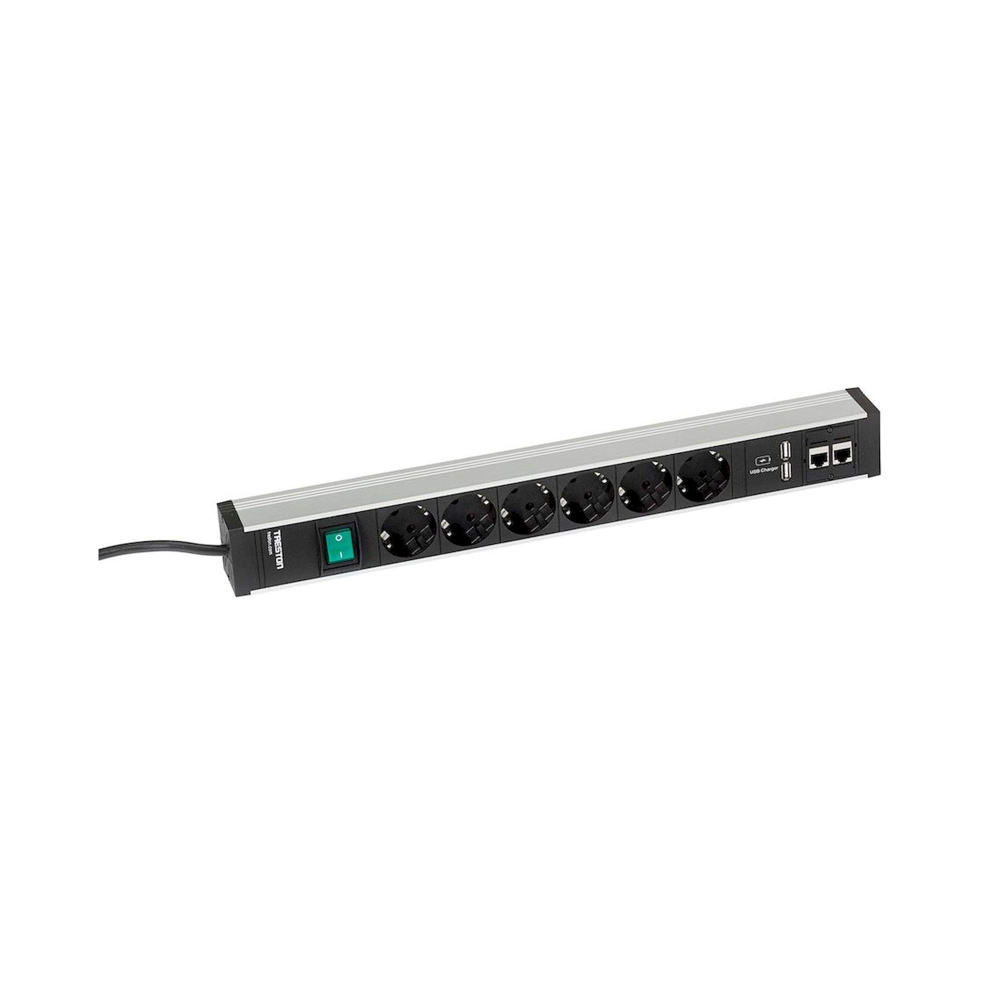 Treston TPR4-003. Treston Energieleiste 468/3, Länge 468 mm, mit 6 Schuko-Steckdosen CEE7/3, Schalter und 2xUSB-Ladebuchse, Typ A und + 2xNetzwerkanschluss CAT6A. 4,5 m langes Netzkabel. 16A/250 V, max. Leistungsaufnahme 3500 W. Vertikale Befestigung an s