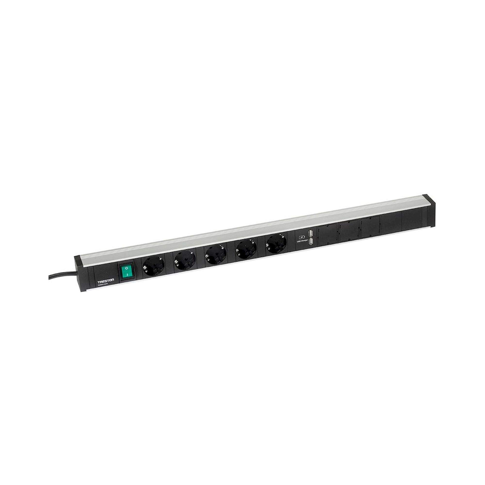 Treston TPR7-001. Treston Energieleiste 683/1, Länge 683 mm, mit 5 Schuko-Steckdosen CEE7/3, Schalter und 2xUSB-Ladebuchse, Typ A. 4,5 m langes Netzkabel. 16A/250 V, max. Leistungsaufnahme 3500 W. Befestigung am M750 Rasterrohrmodul oder Aluminiumprofil, 