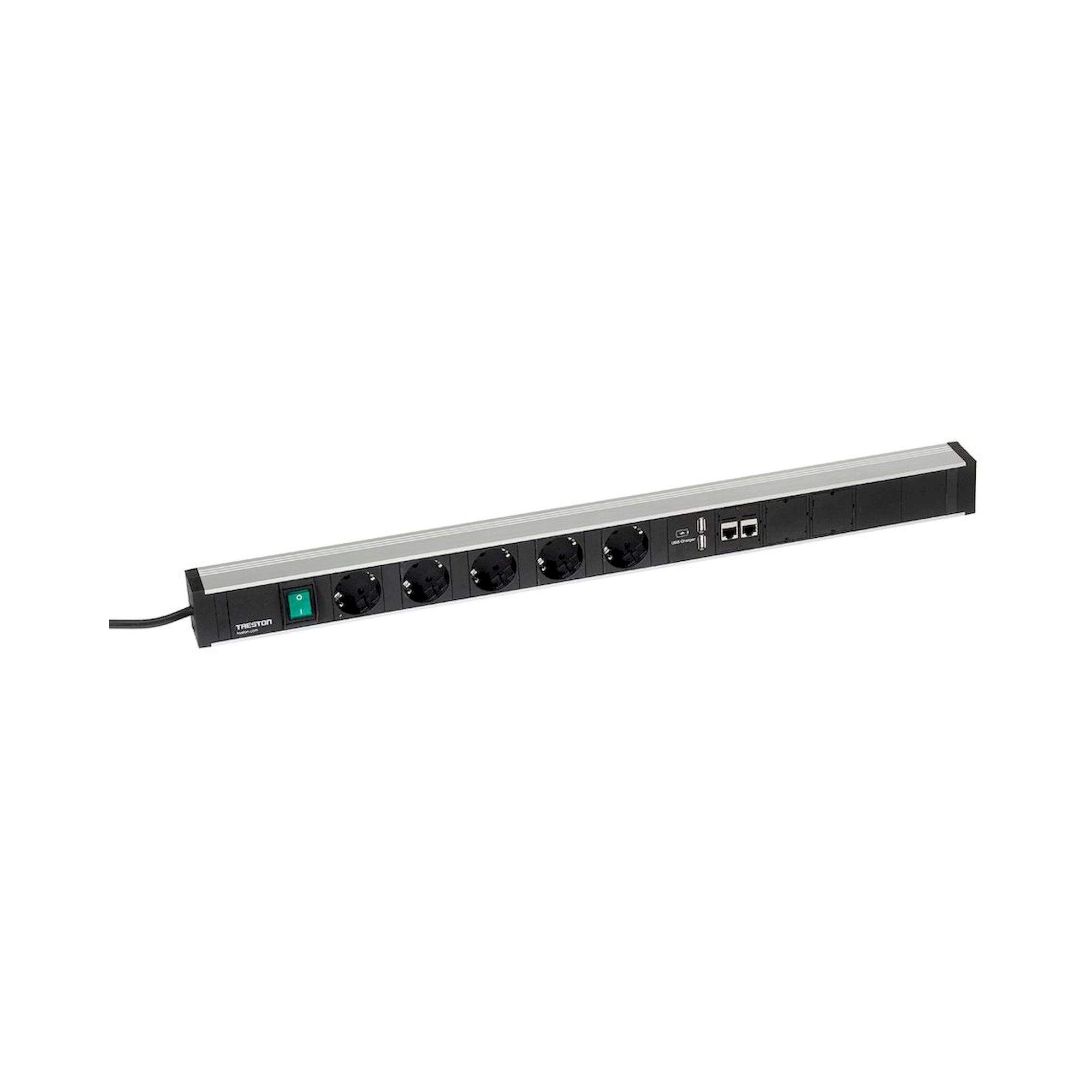 Treston TPR7-003. Treston Energieleiste 683/3, Länge 683 mm, mit 5 Schuko-Steckdosen CEE7/3, Schalter, 2xUSB-Ladebuchse, Typ A und 2xNetzwerkanschluss CAT6A. 4,5 m langes Netzkabel. Befestigung am M750 Rasterrohrmodul oder Aluminiumprofil, auf oder unter 