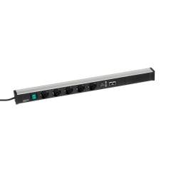 Treston TPR7-003. Treston Energieleiste 683/3, Länge 683 mm, mit 5 Schuko-Steckdosen CEE7/3, Schalter, 2xUSB-Ladebuchse, Typ A und 2xNetzwerkanschluss CAT6A. 4,5 m langes Netzkabel. Befestigung am M750 Rasterrohrmodul oder Aluminiumprofil, auf oder unter 