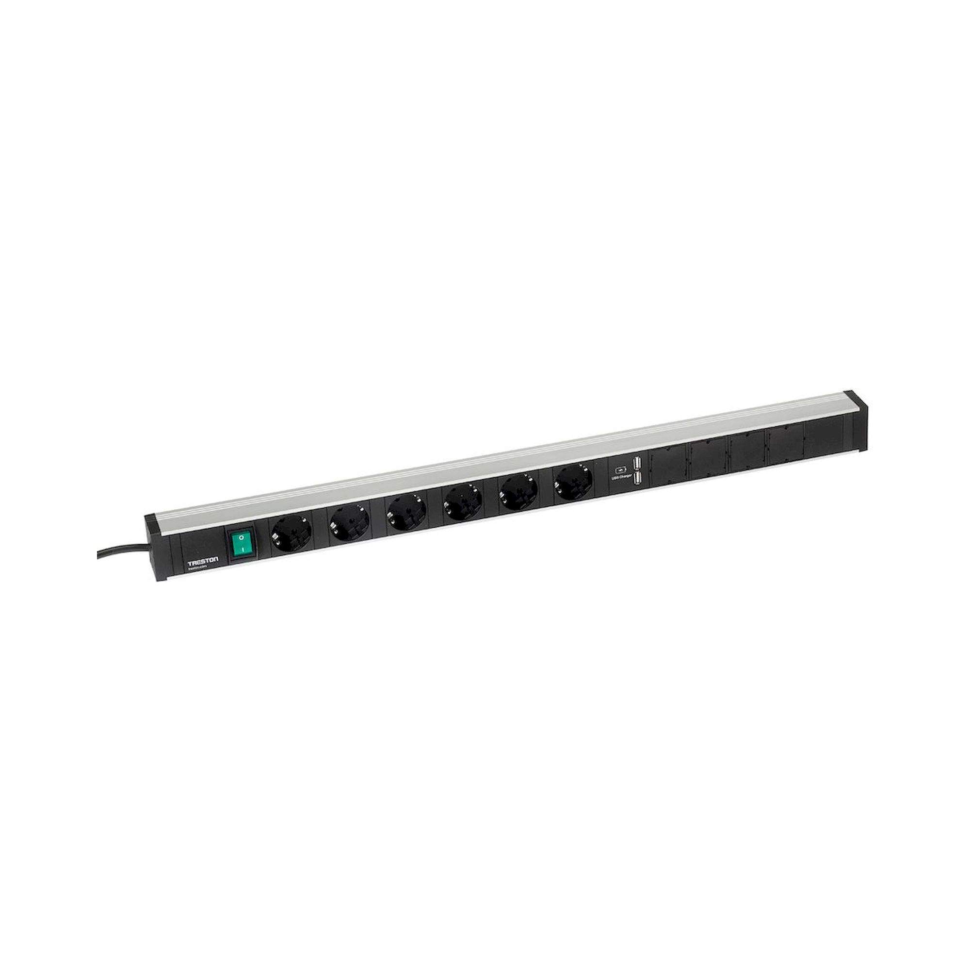 Treston TPR9-001. Treston Energieleiste 836/1, Länge 836 mm, mit 6 Schuko-Steckdosen CEE7/3, Schalter und 2xUSB-Ladebuchse, Typ A. 4,5 m langes Netzkabel. 16A/250 V, max. Leistungsaufnahme 3500 W. Befestigung am M900 Rasterrohrmodul oder Aluminiumprofil, 