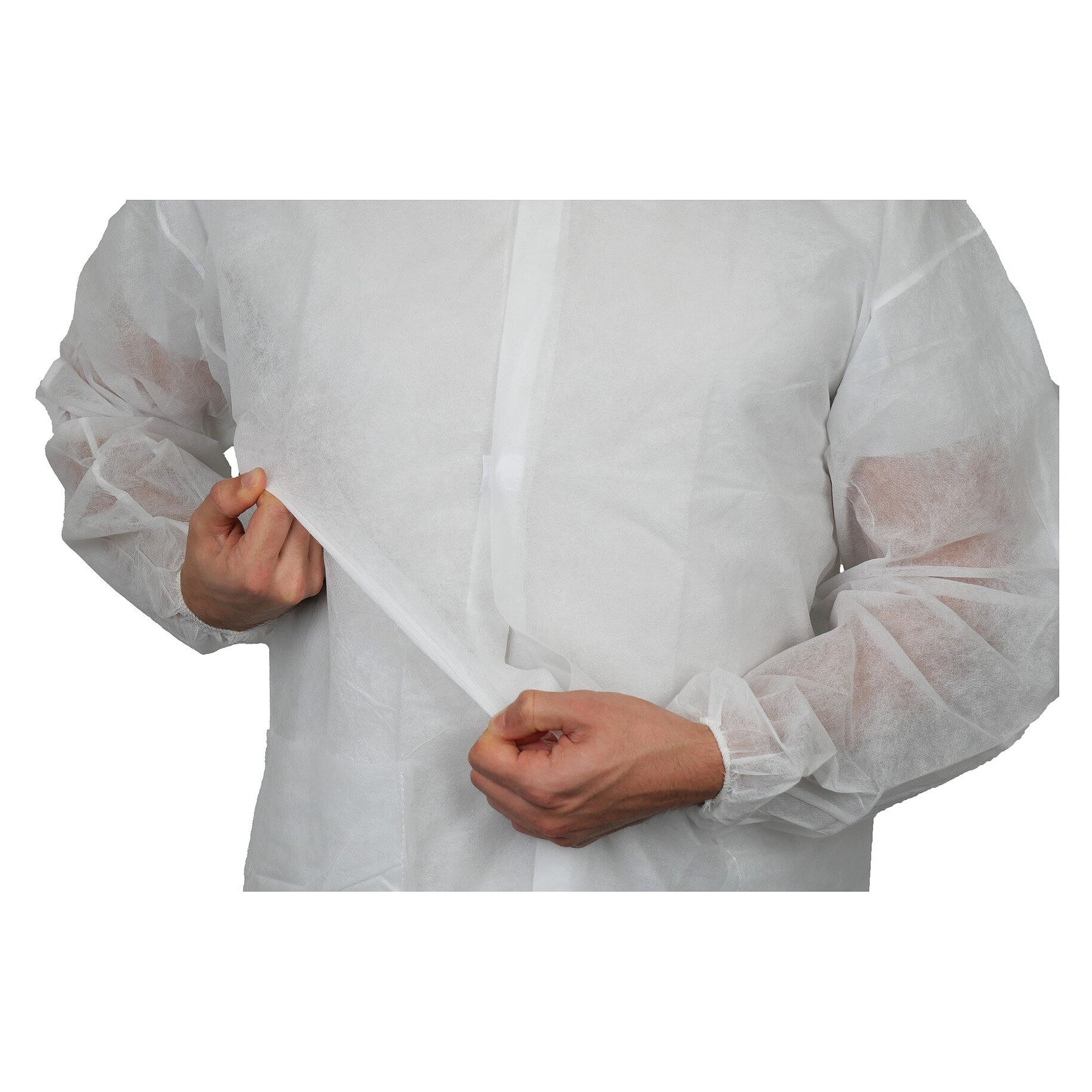 ESD disposable gown in polypropylene 28 g/m², 4 press studs, collar, elastic cuffs, white, unisex - Safeguard PPKIWESD