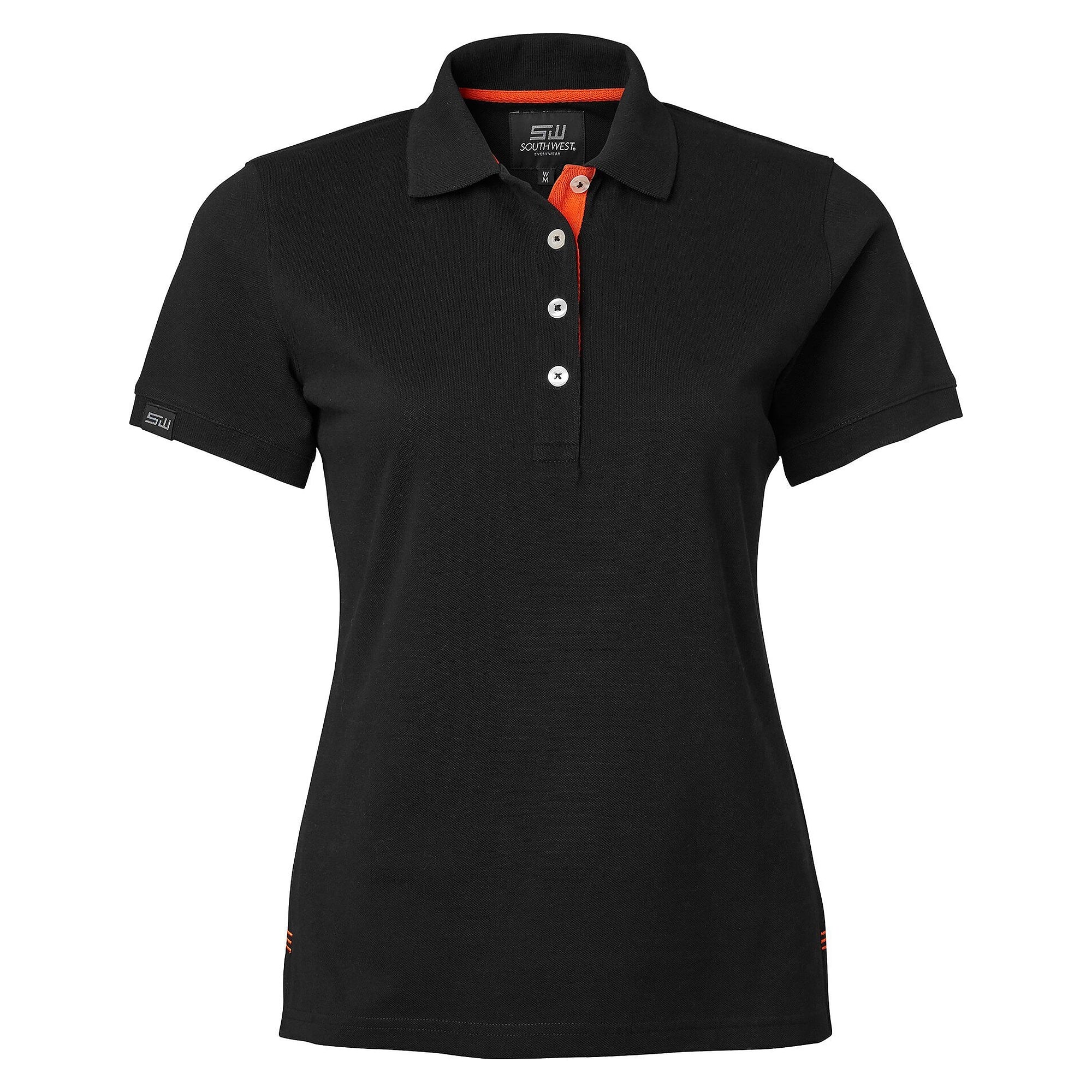 Damen-Poloshirt Wera mit Kontrast-Knopfleiste, 60 °C waschbar, schwarz/orange - South West 1000214916