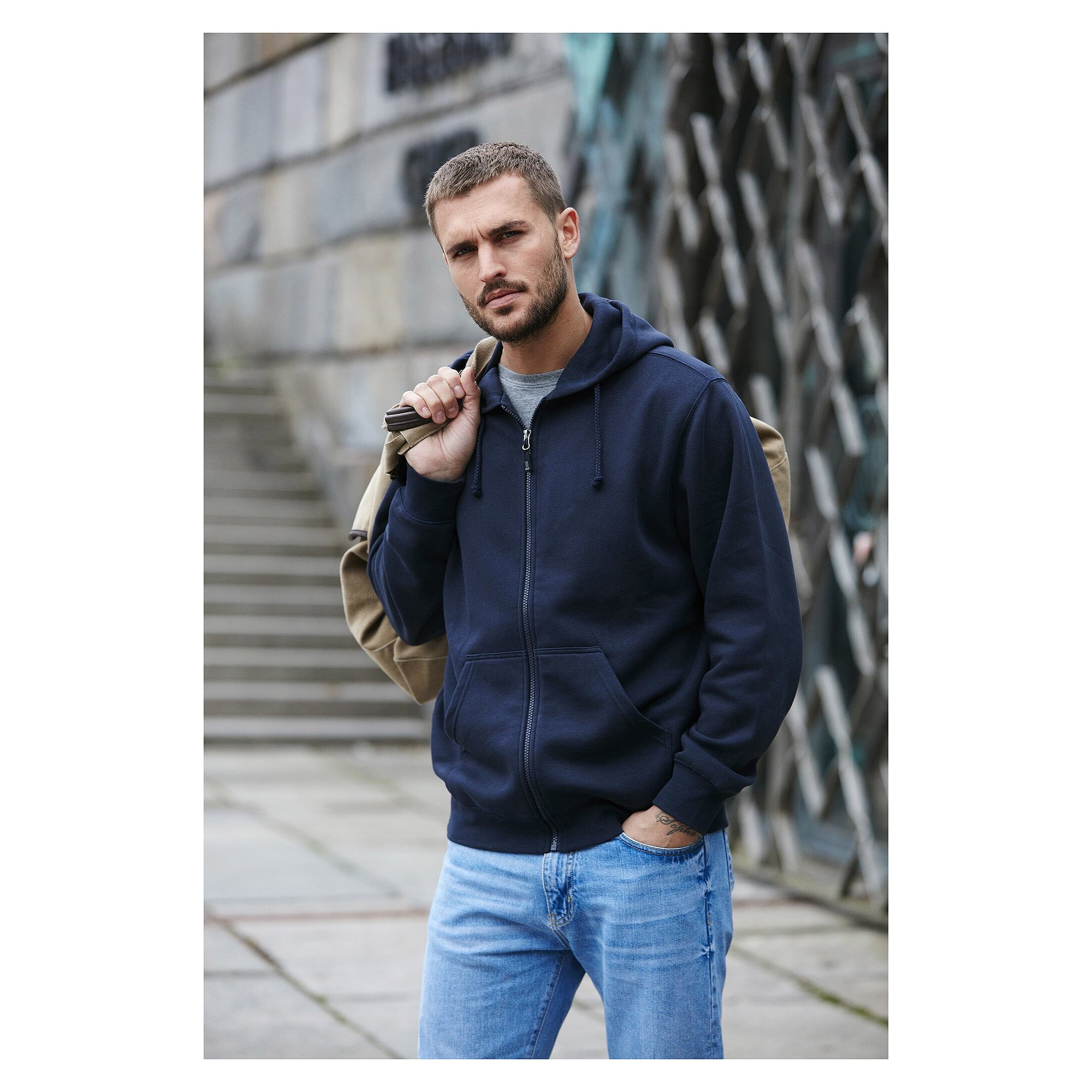 Hooded full-zip sweat jacket Parry with double fabric hood, men, grey melange - South West 1000221041