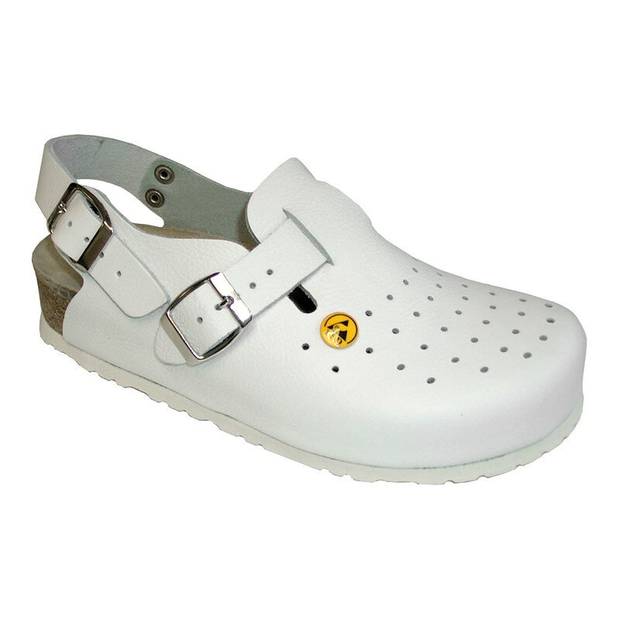 Sabot de travail ESD cuir perforé, bride de talon, lit en liège, blanc - Vitaform 3593-10