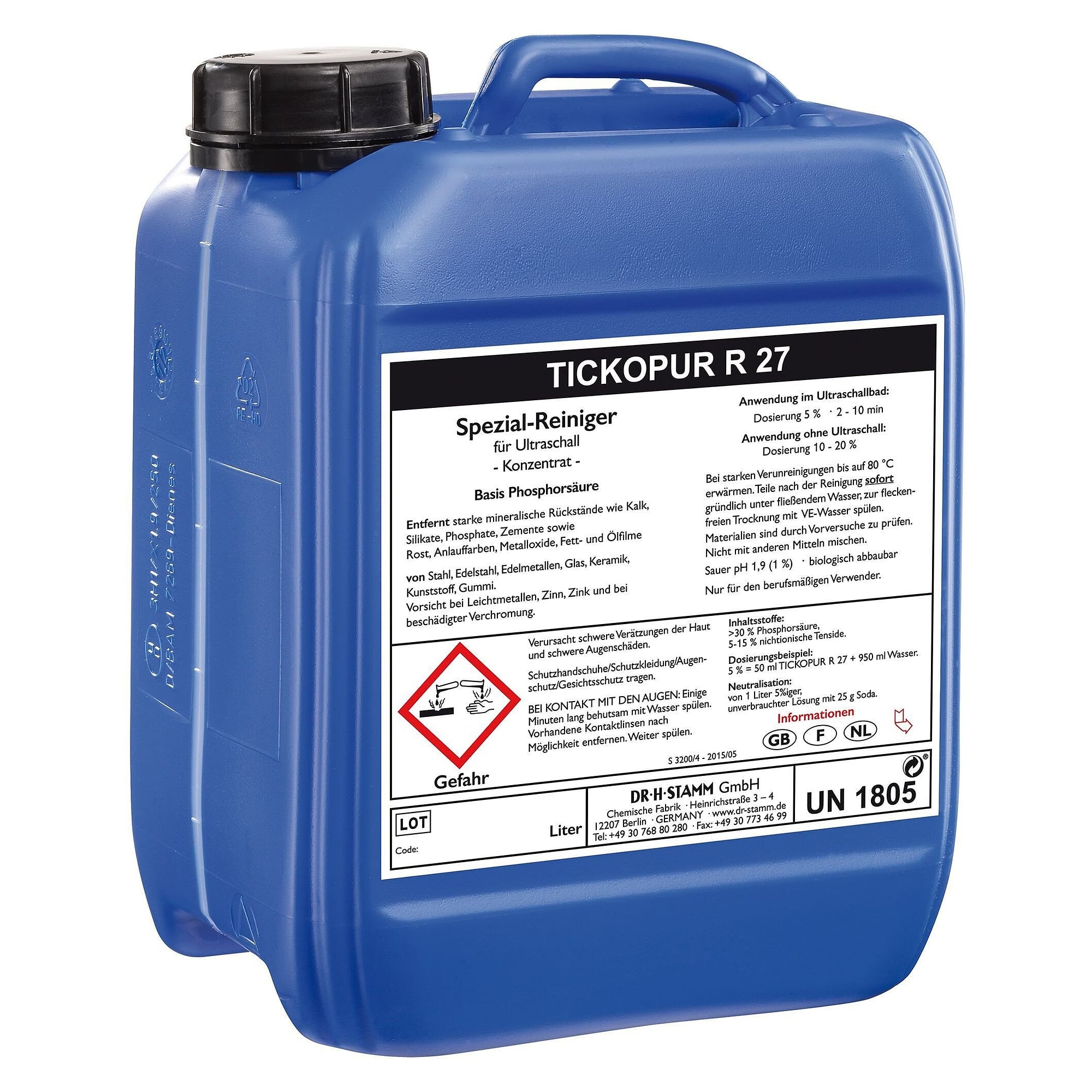 Ultrasonic cleaning concentrate R 27, phosphoric acid based for descaling and rust removal, 5 litres - Tickopur 816