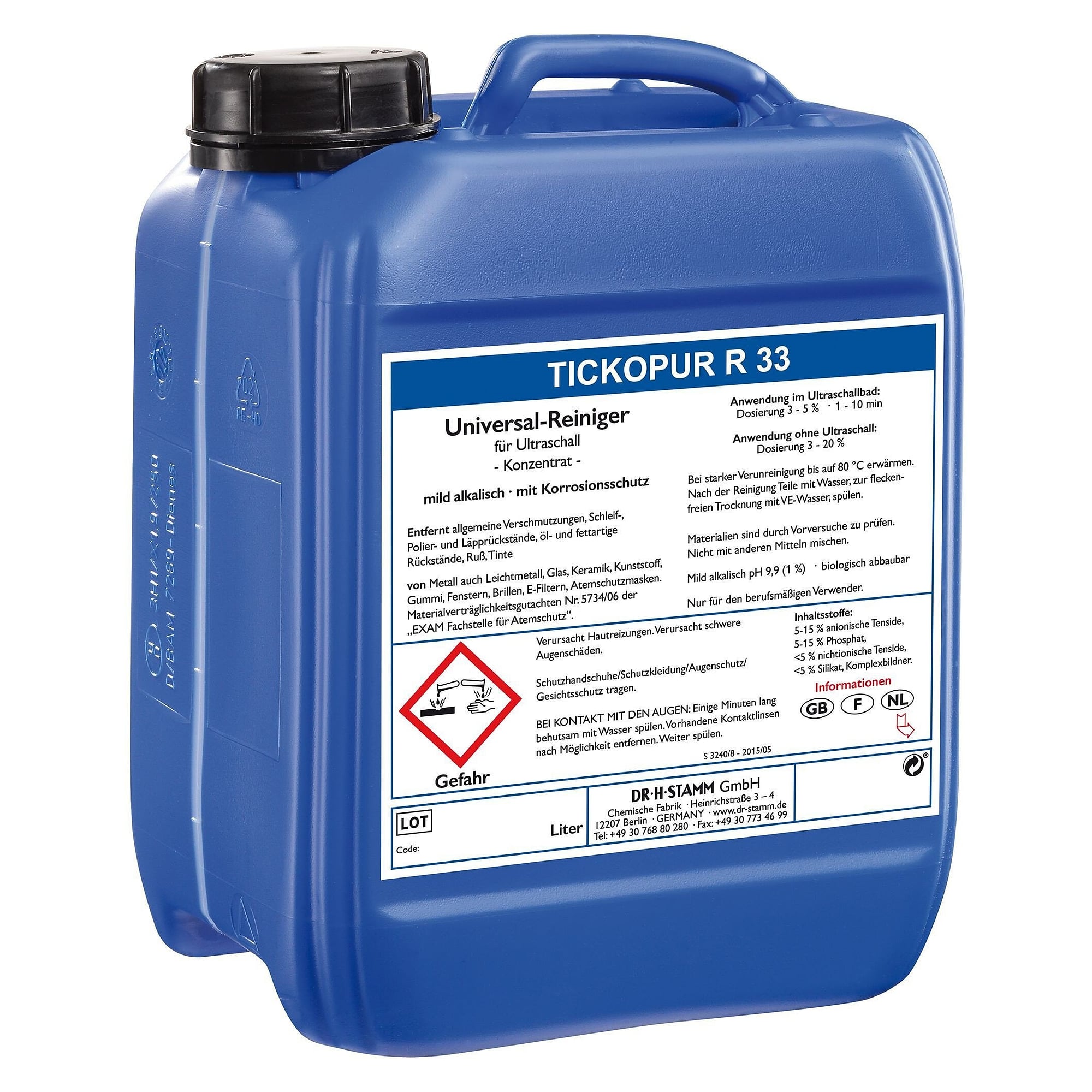 Alkalisches Universal-Reinigerkonzentrat R 33 mit Korrosionsschutz für Ultraschallbäder, 5 Liter - Tickopur 831