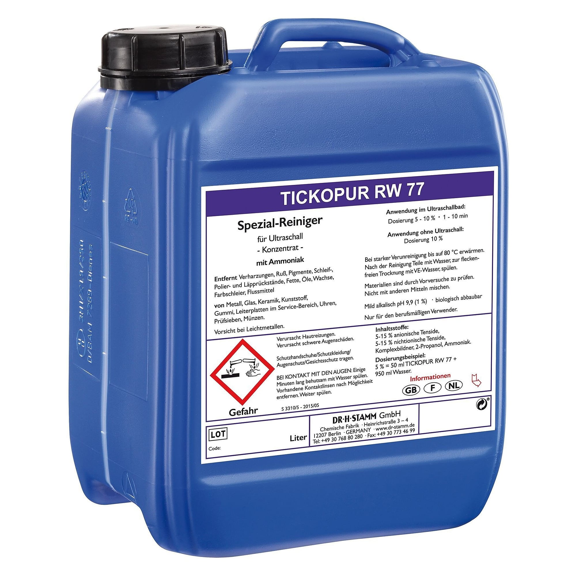 Ammonia-based special cleaner RW 77 for plastic parts and service PCBs, ultrasonic use, 5 litres - Tickopur 871