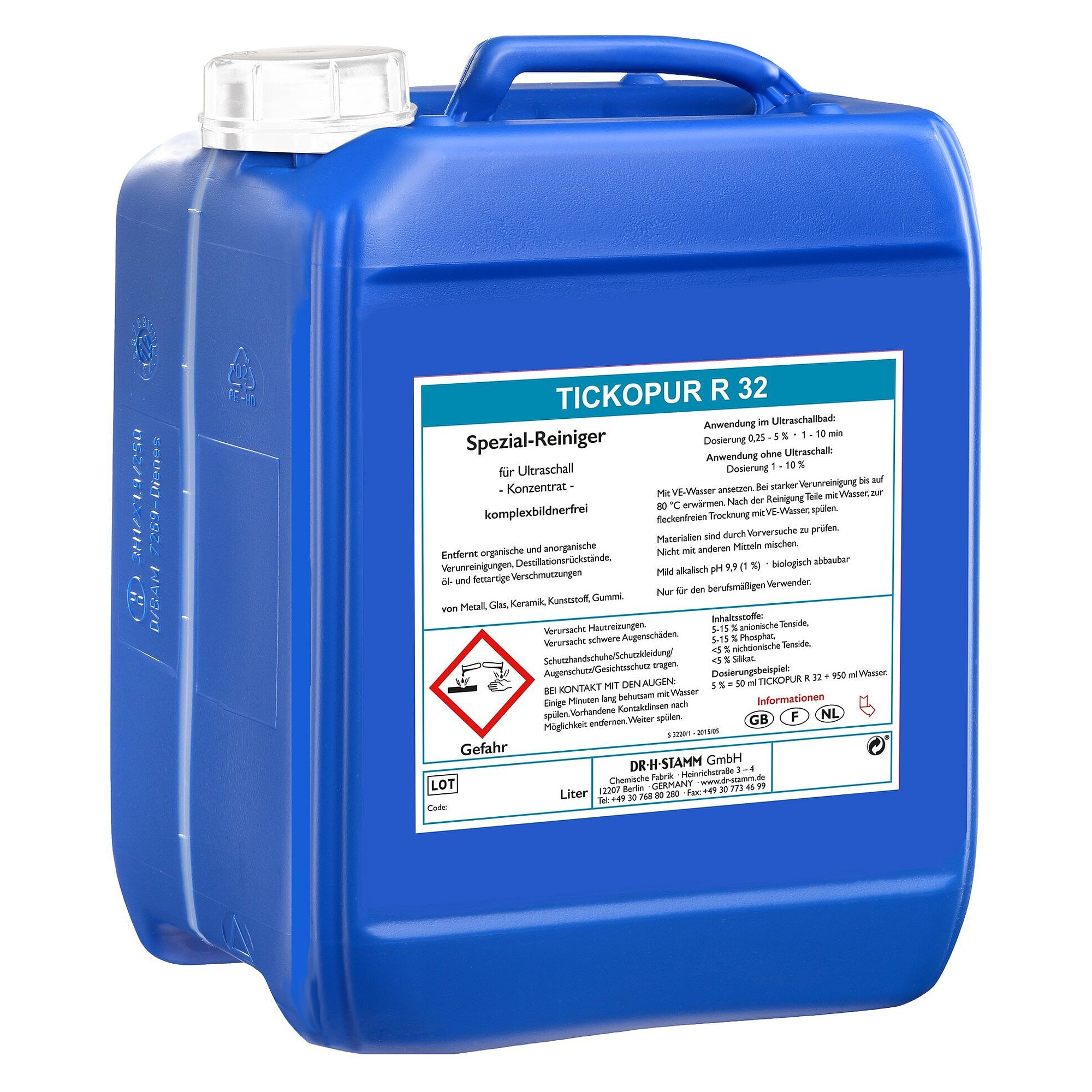 Spezial-Fettlöser R 32 komplexbildnerfrei mit Korrosionsschutz für Ultraschallbäder, 5 Liter - Tickopur 832