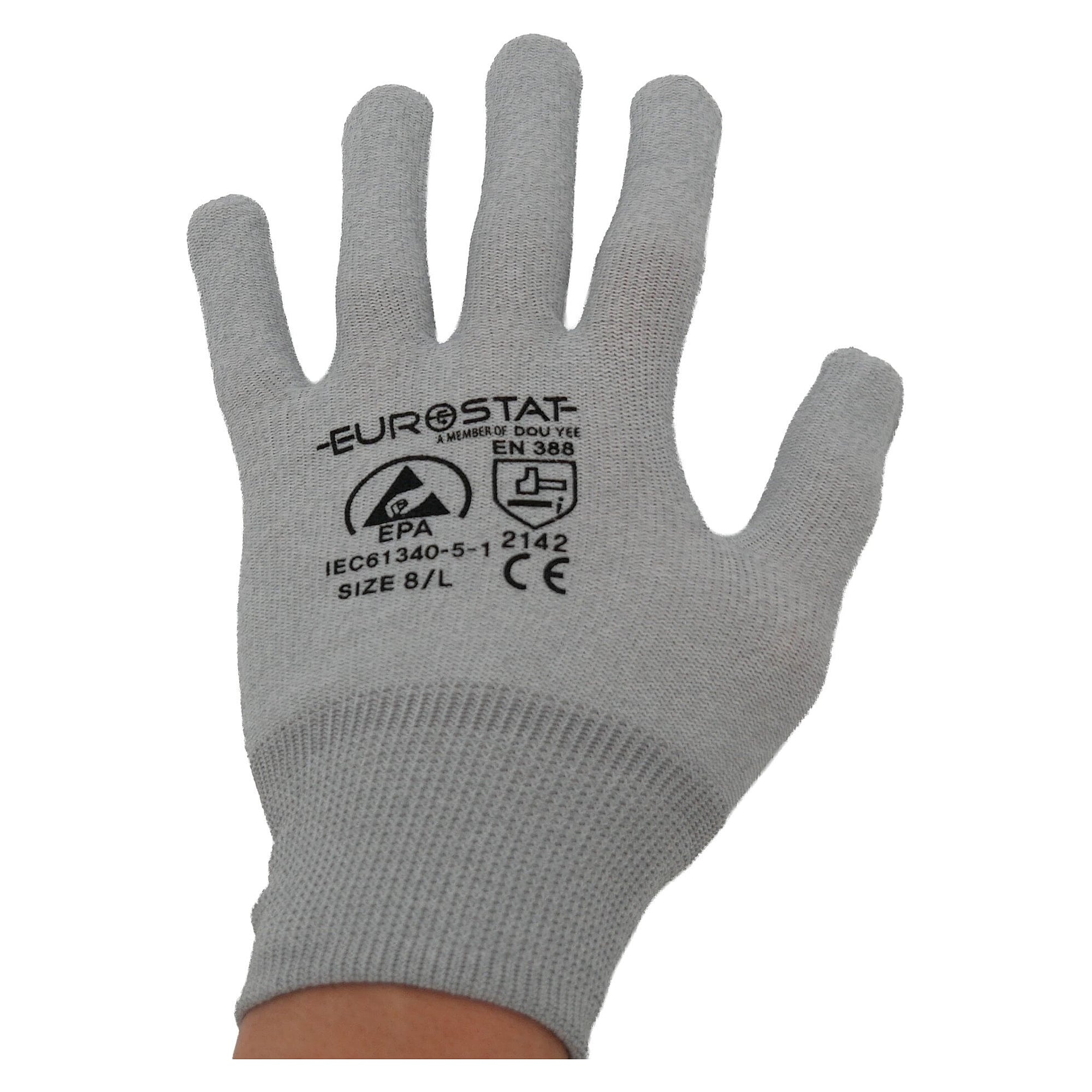 ESD-Handschuhe aus leitfähigem Carbongarn, unbeschichtet, grau, Größe L - A1-ESD 51-680-0410