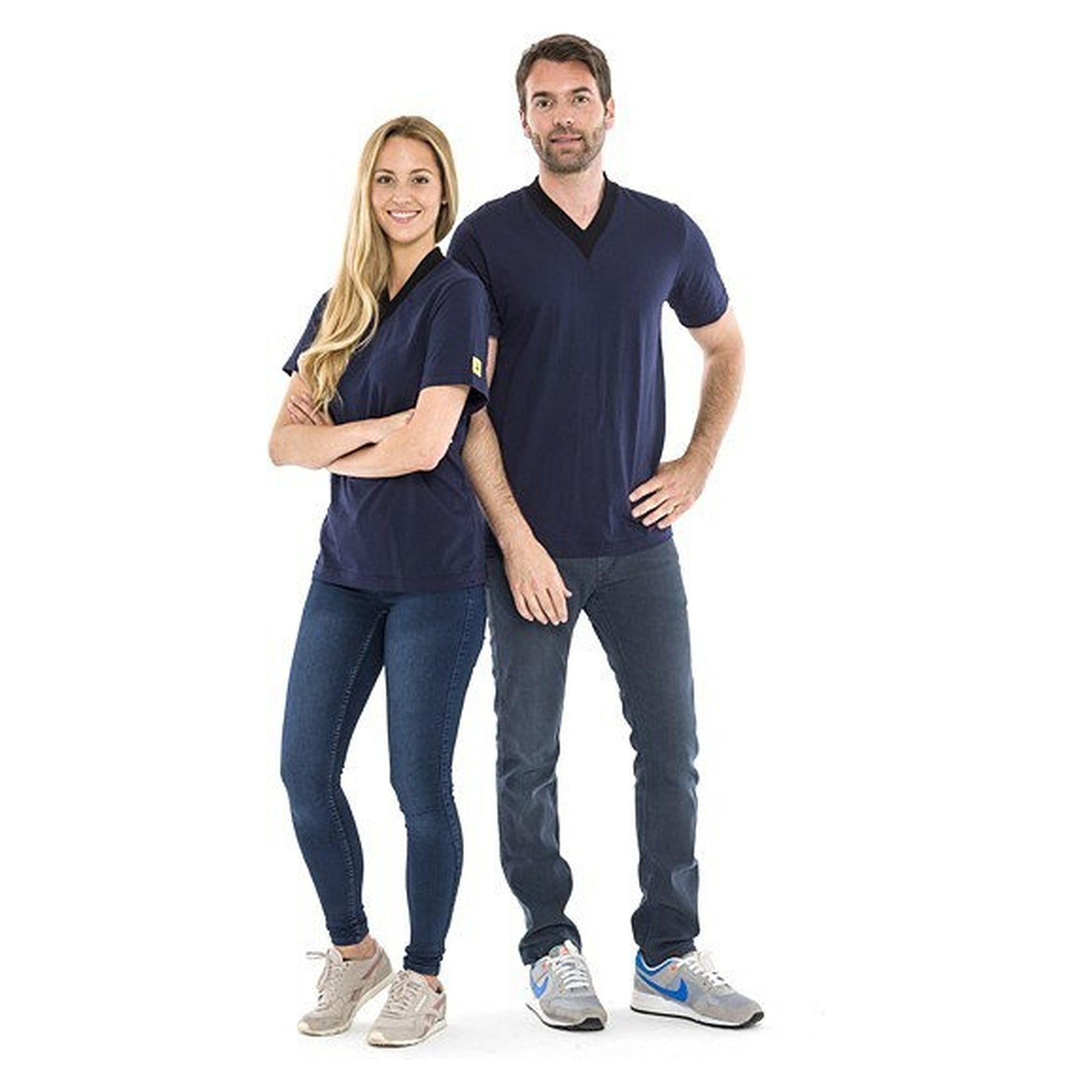 ESD T-shirt V-neck, short sleeves, cotton/carbon, 150 g/m², navy blue/black, size 7XL - Safeguard TGO-TS15-NB7XL-STANDARD