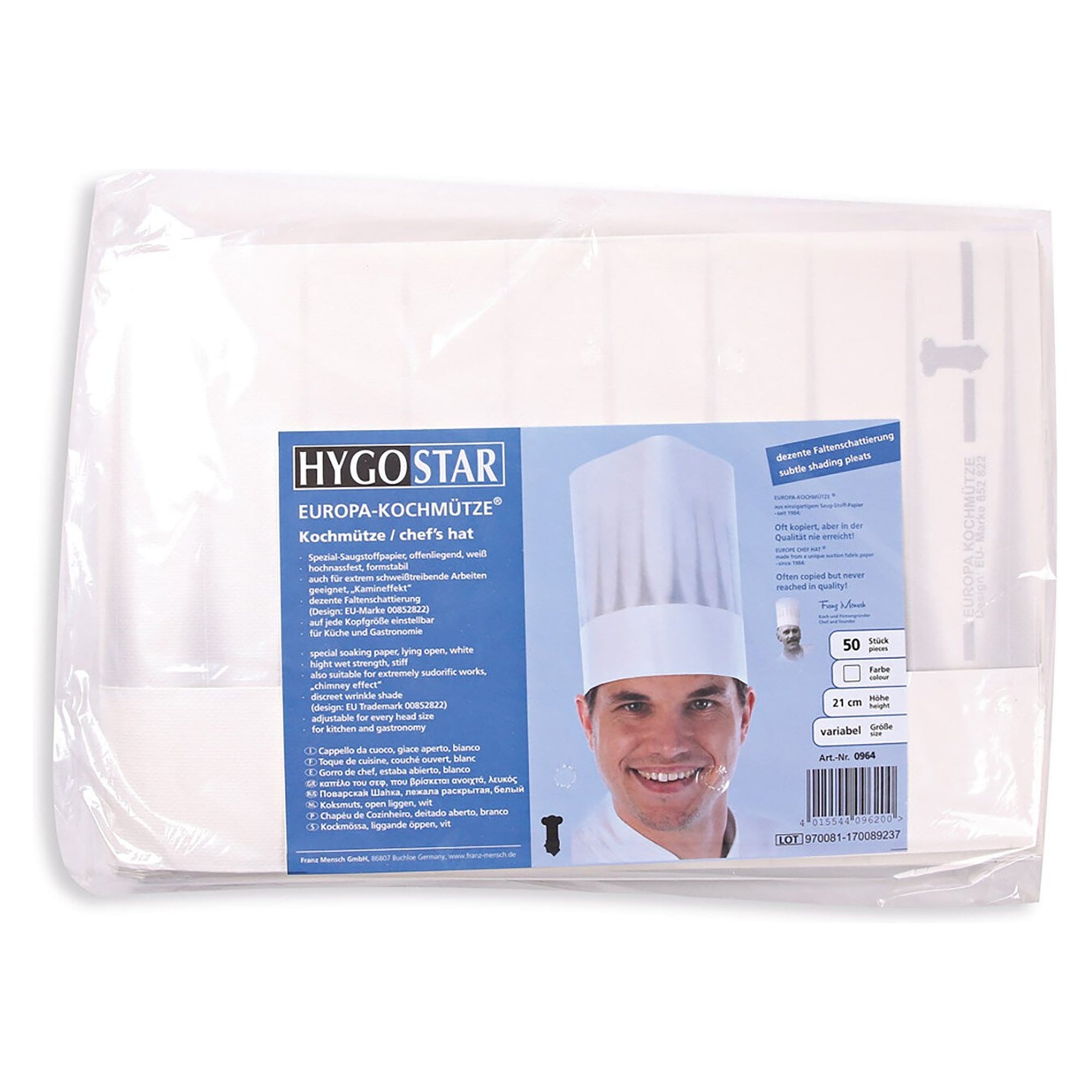 Hygonorm Kochmütze Europa Standard aus geprägtes Papier, offenliegend, weiß, VPE 50 Stück - Franz Mensch 09649