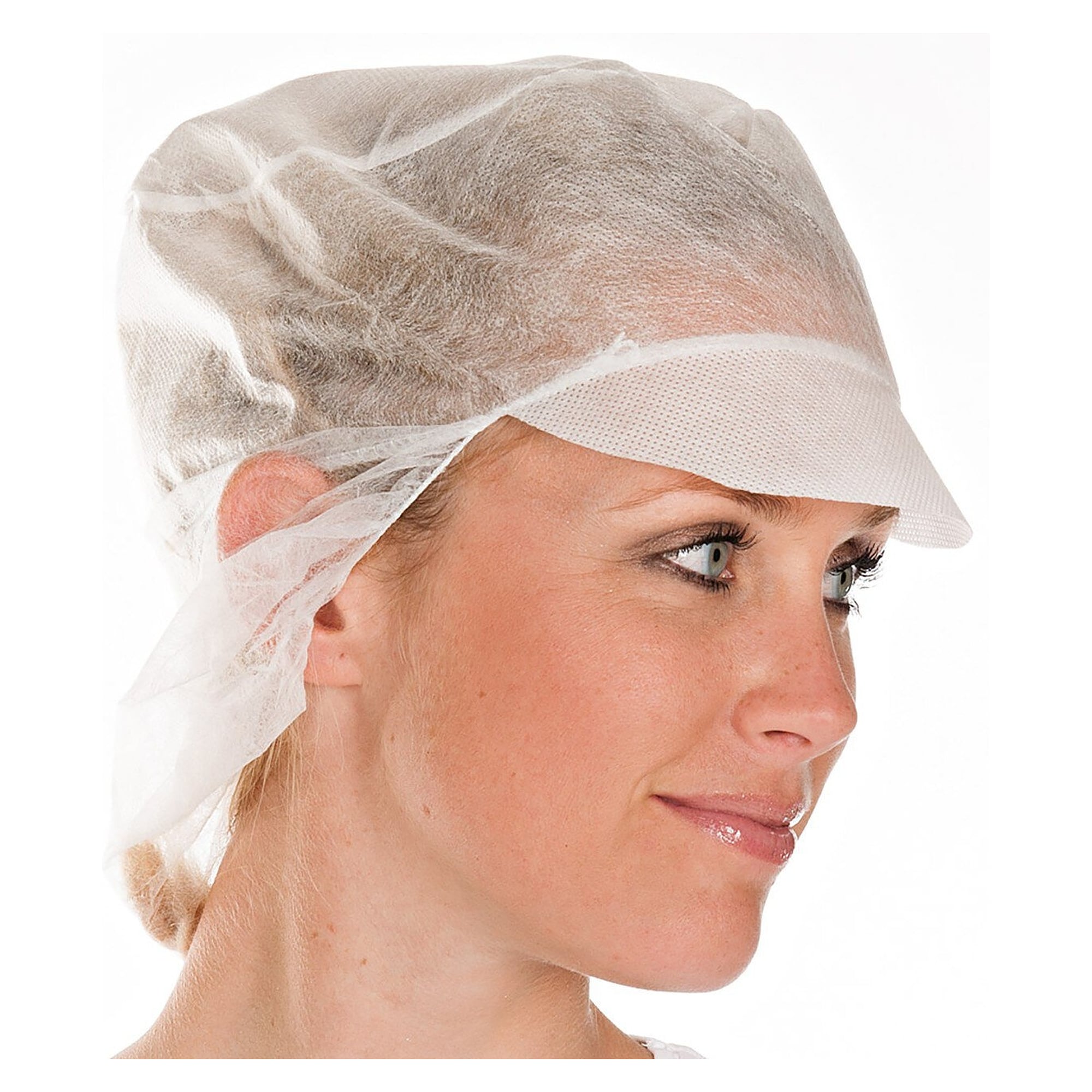 Casquette à visière avec protection cheveux longs, non-tissé PP ferme, sans latex, blanche - Franz Mensch 1288