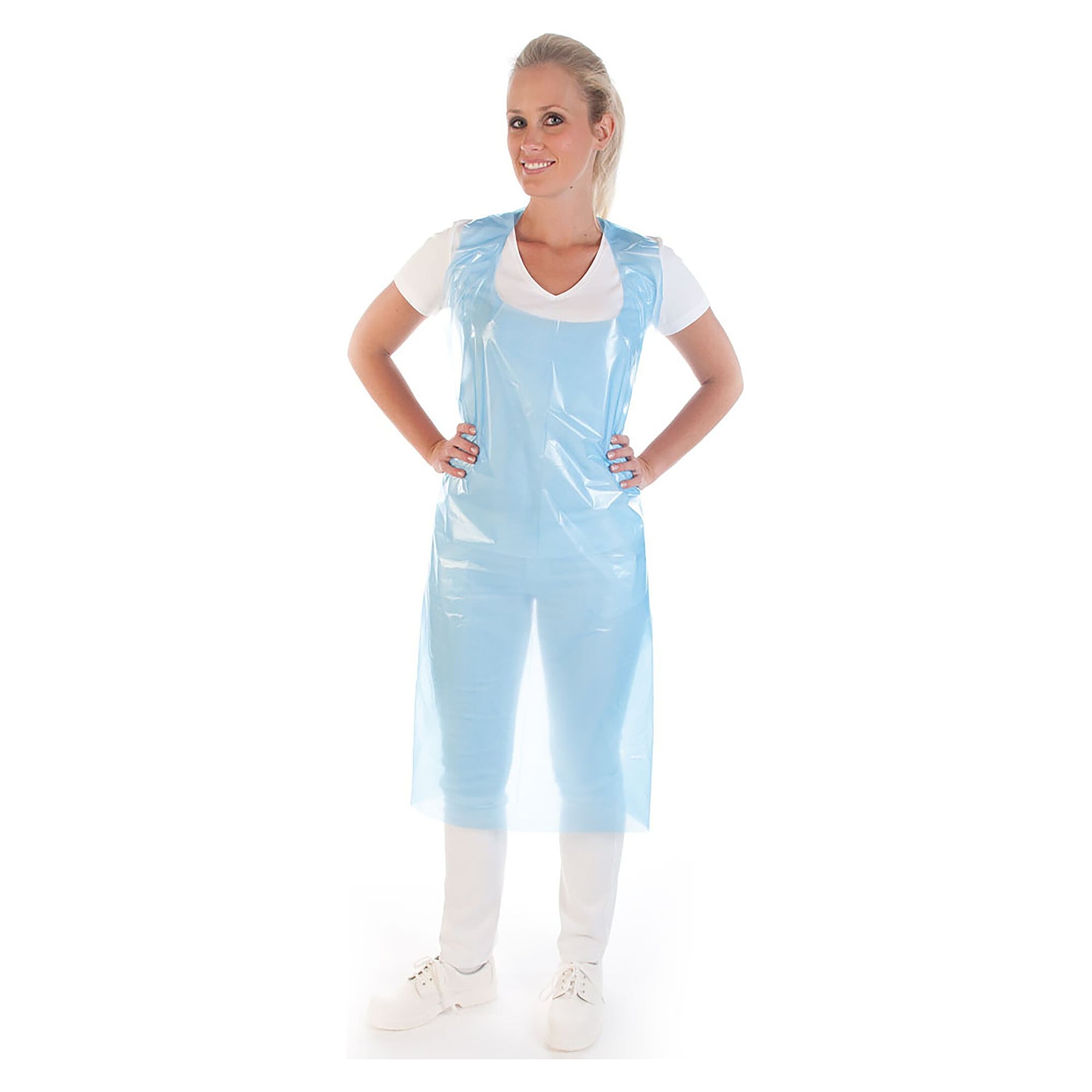 Einwegschürze aus LDPE, 35 µm, 125 x 70 cm, blau, glatt, auf Rolle, VPE 50 Stück - Franz Mensch 23176