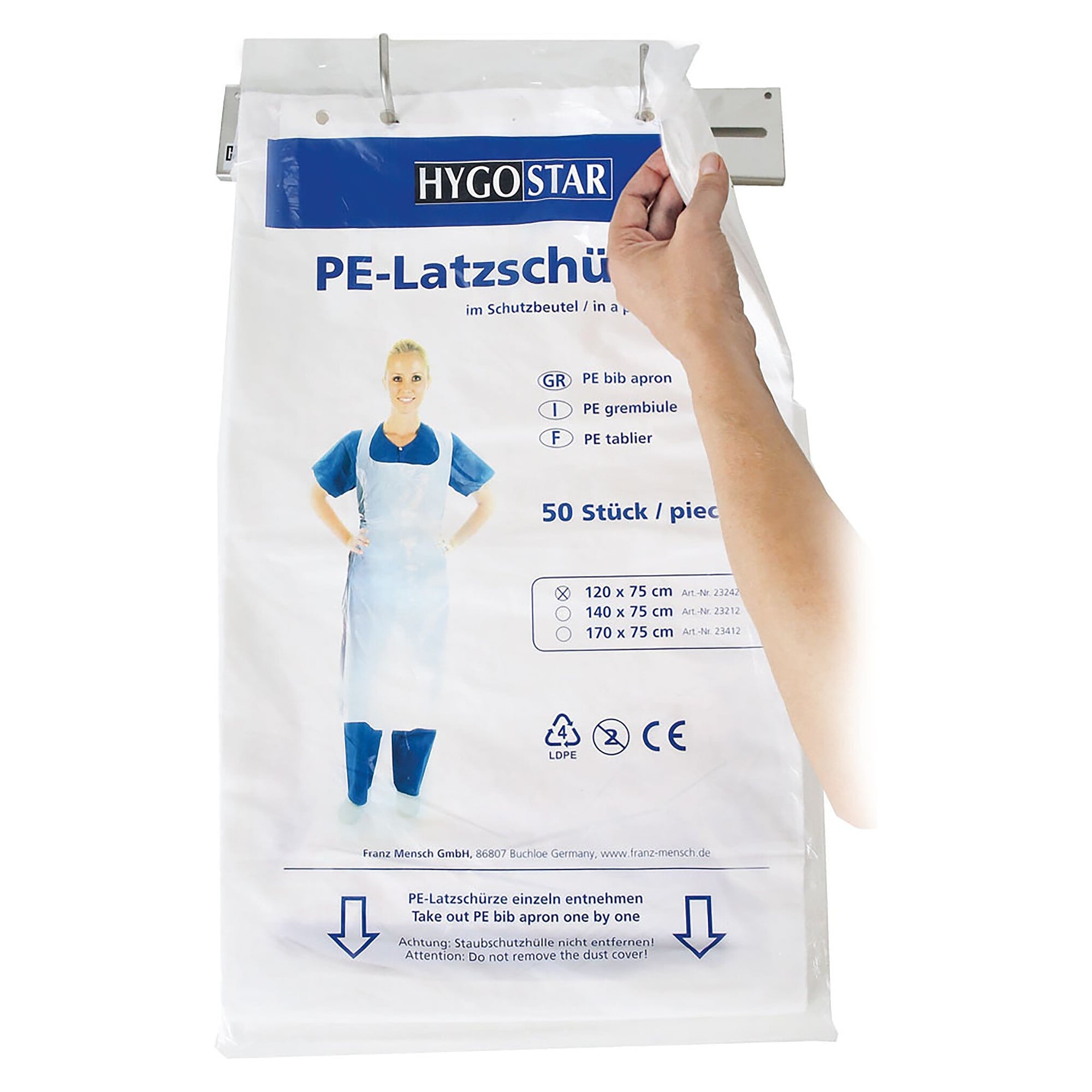 Einweg-Latzschürze aus LDPE, 35 µm, 120 x 75 cm, geblockt im Staubschutzbeutel, weiß, VPE 50 - Franz Mensch 23242