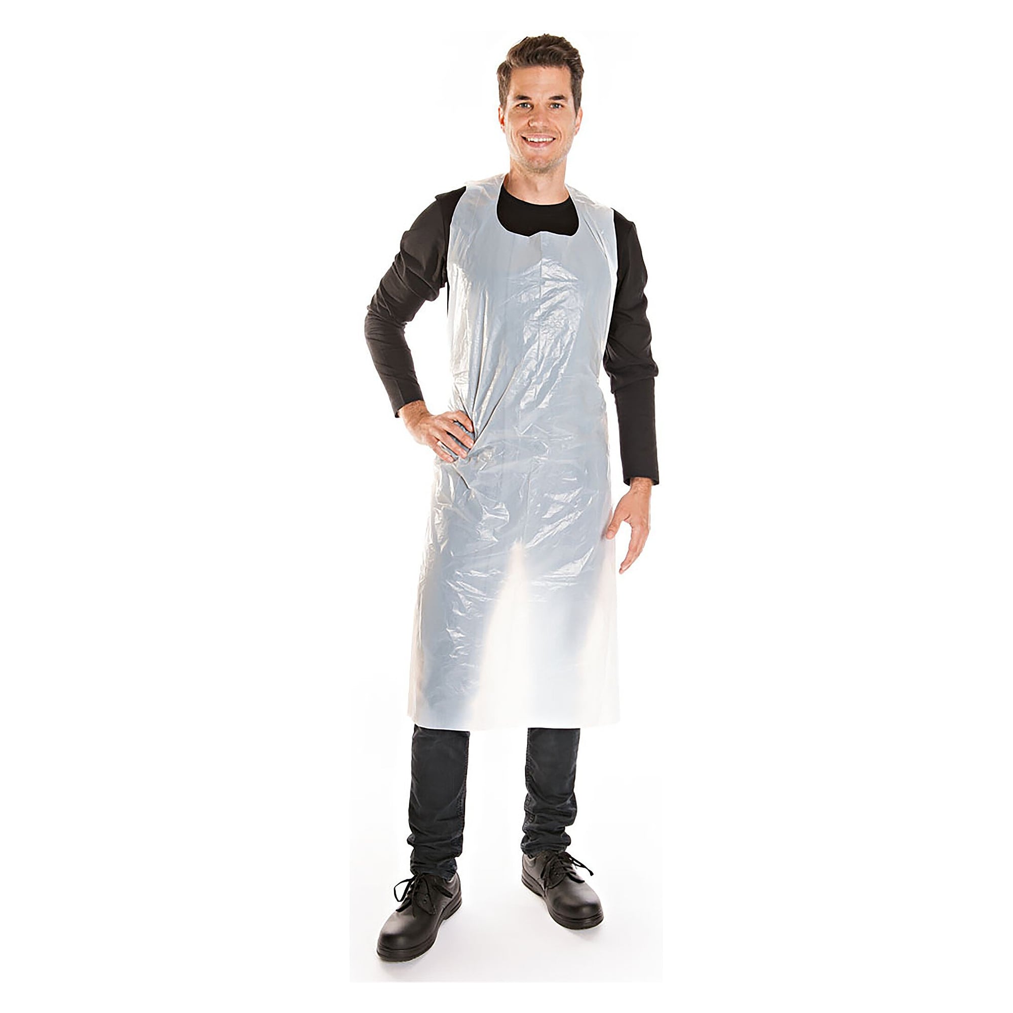 Tablier à bavette jetable Hygonorm en LDPE, 20 µm, blanc, gaufré, 125 x 70 cm, lot de 100 - Franz Mensch 23449