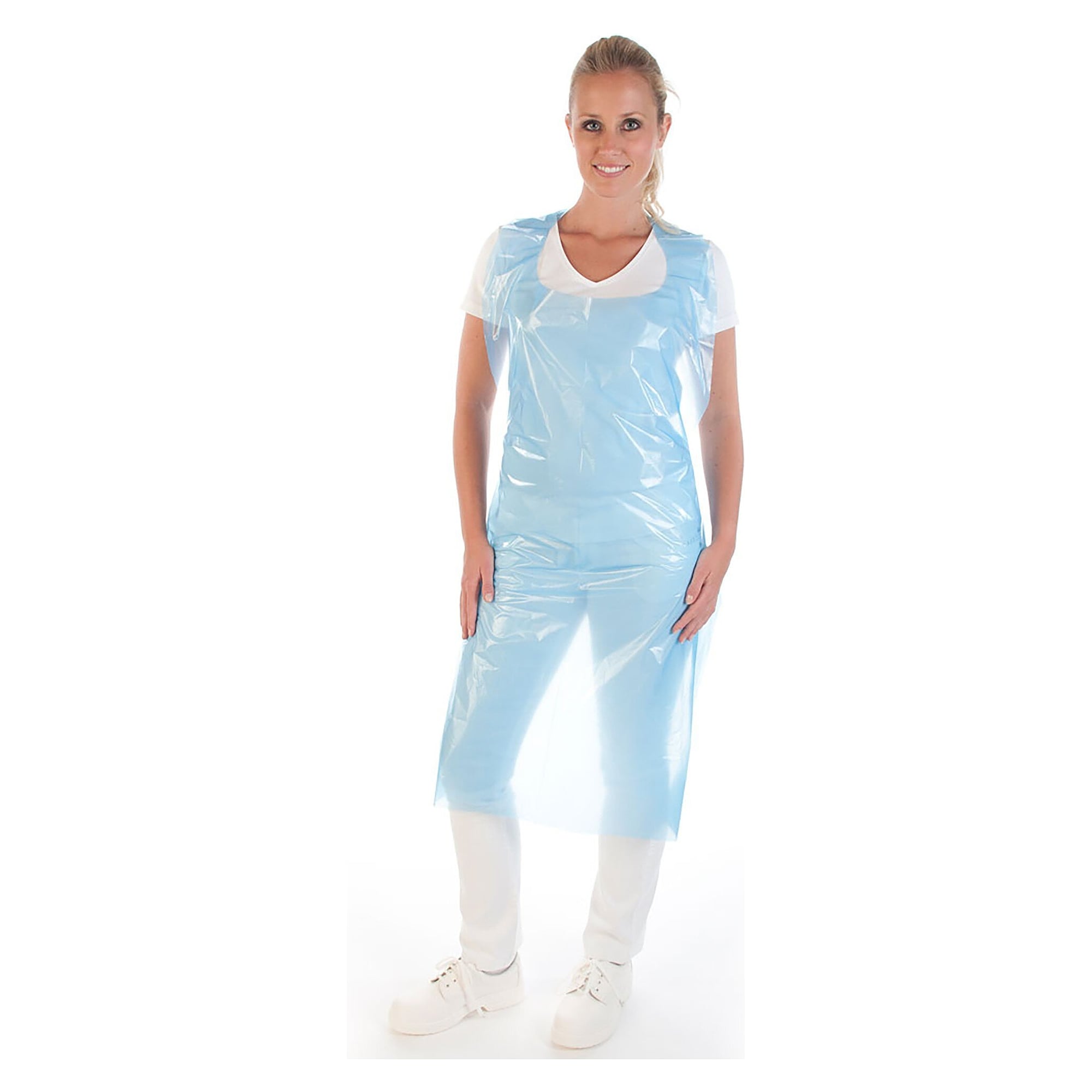 Tablier bavette jetable en LDPE, 60 µm, extra long 170 x 100 cm, imperméable, bleu, lot de 25 - Franz Mensch 23505