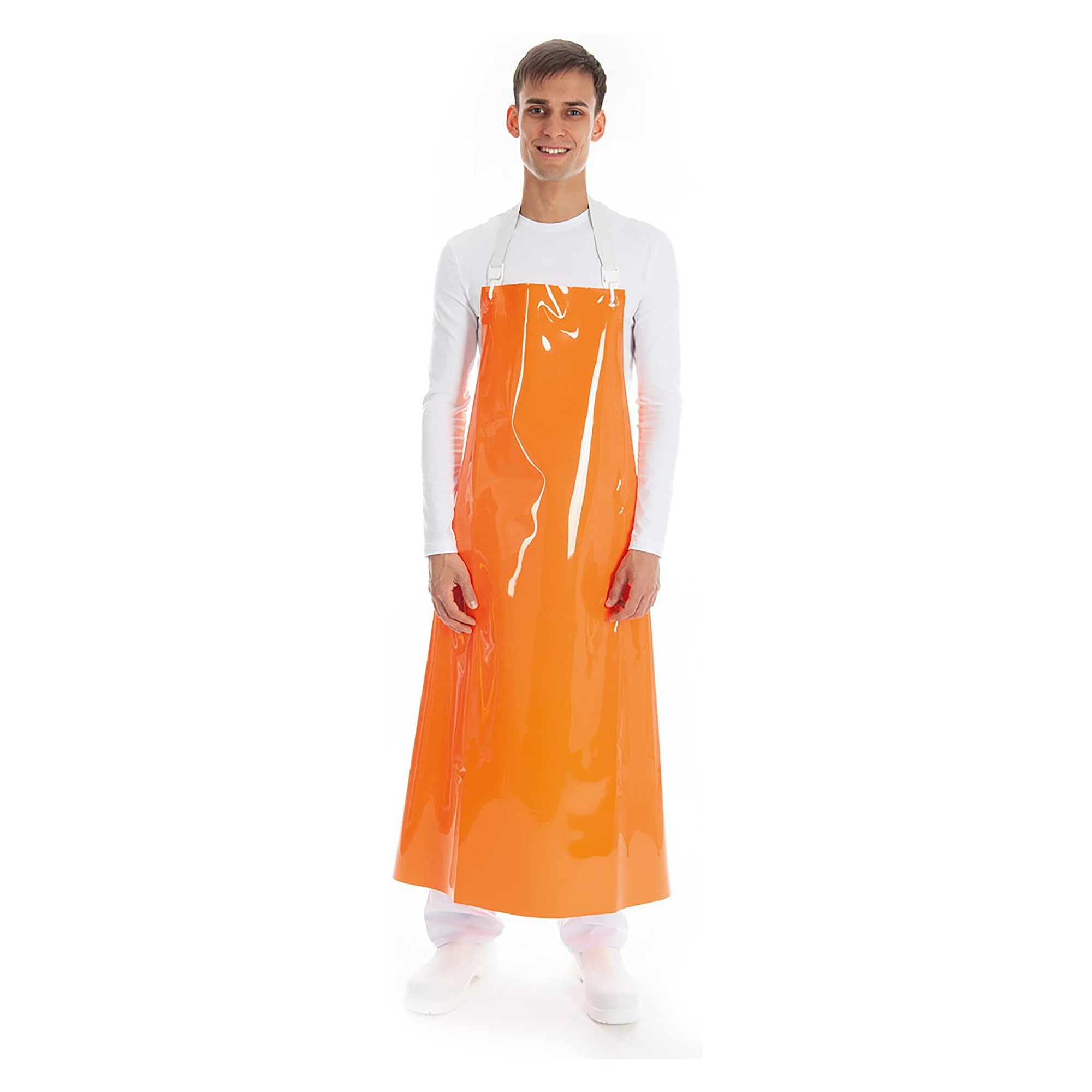 PU bib apron without fabric insert, 300 µm, 130 x 90 cm, grease and oil resistant, orange - Franz Mensch 237190