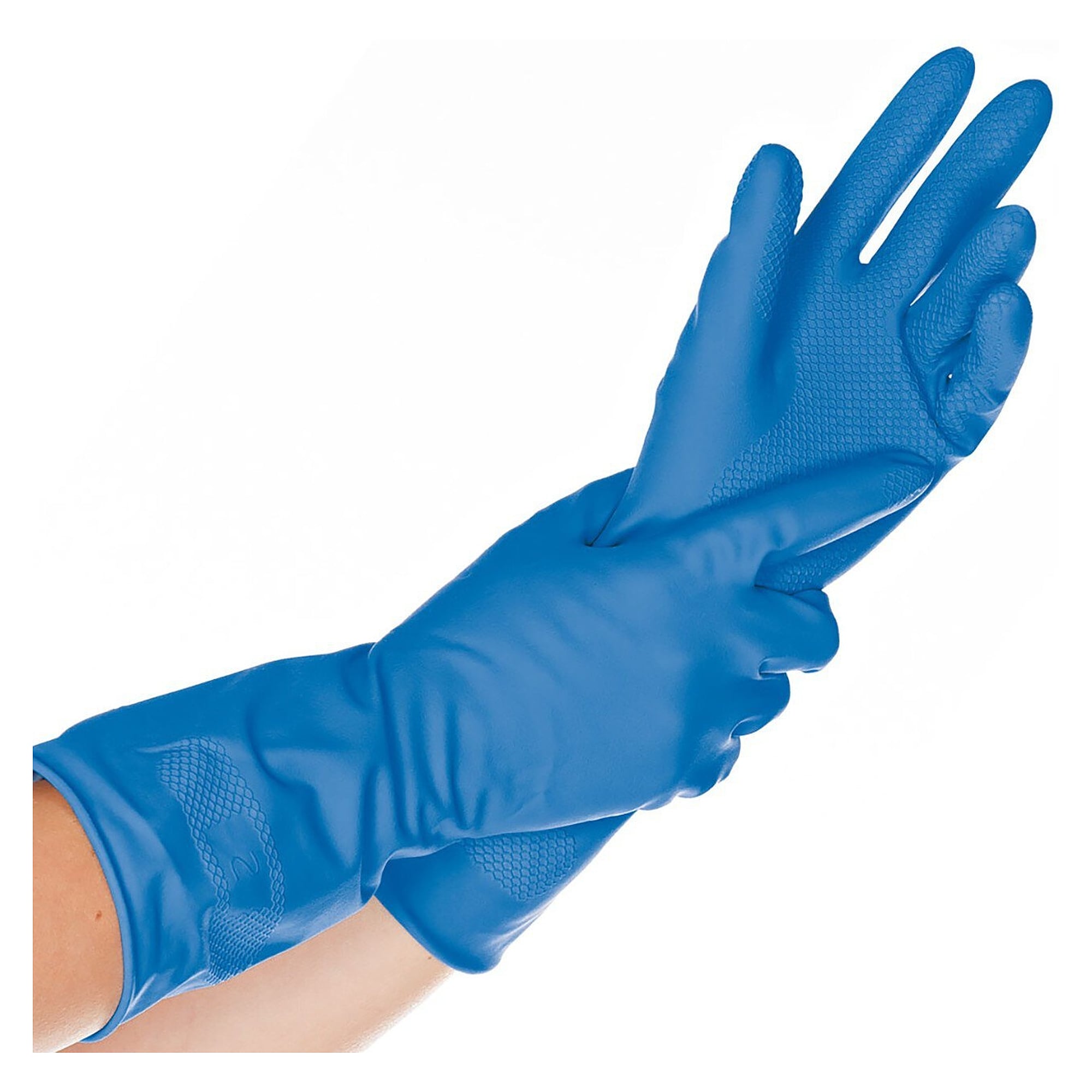 Haushaltshandschuh Hygostar Bettina Soft, Naturlatex, baumwollbeflockt, Wabenprofil, blau, Größe S - Franz Mensch 25866