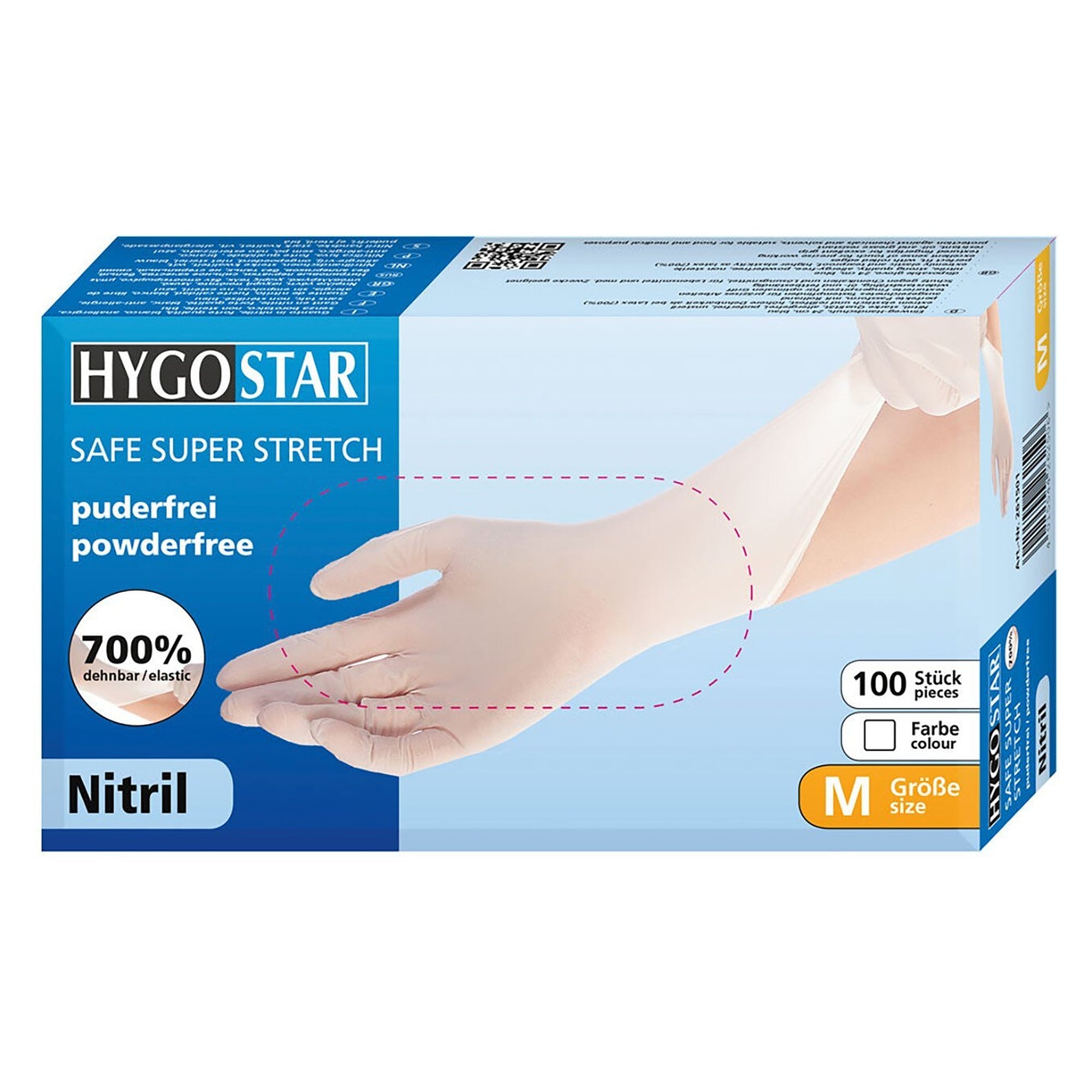 Nitril-Einweghandschuh Hygostar Safe Super Stretch, 700 % dehnbar, puderfrei, weiß, Größe XL - Franz Mensch 261001
