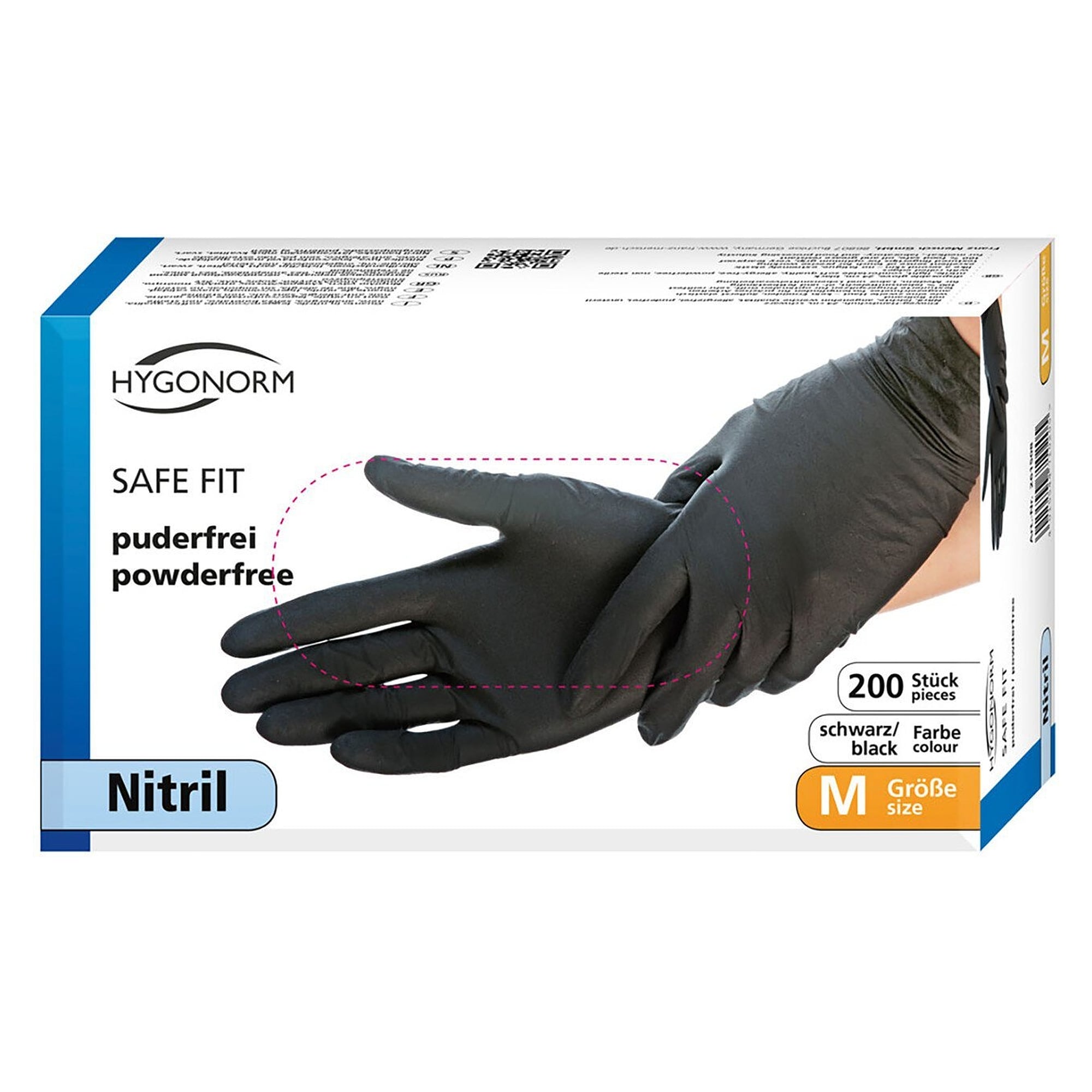 Nitril-Einweghandschuh Hygonorm Safe Fit, puderfrei, latexfrei, schwarz, Größe XL, Box 200 - Franz Mensch 261008
