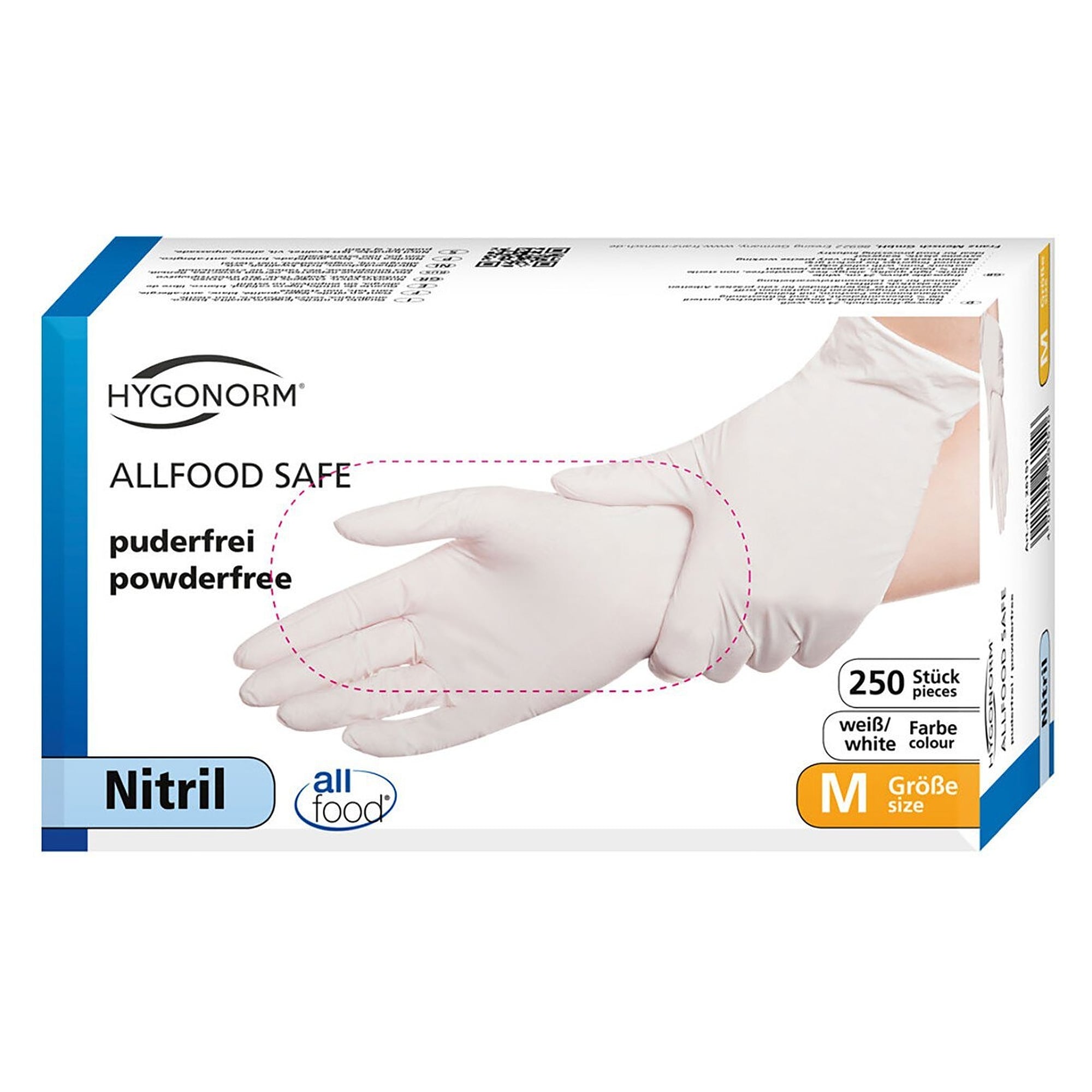 Nitril-Einweghandschuh Hygonorm Allfood Safe, lebensmittelecht, puderfrei, weiß, Größe L, Box 250 - Franz Mensch 26111