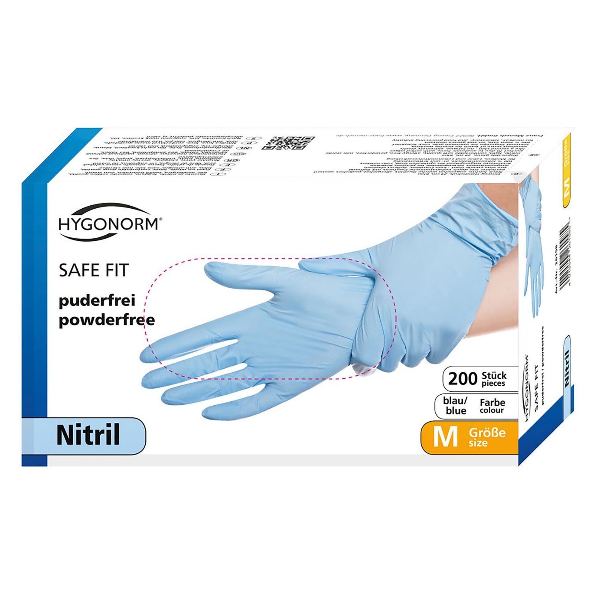 Nitril-Einweghandschuh Hygonorm Safe Fit, puderfrei, latexfrei, blau, Größe L, Box 200 - Franz Mensch 26118