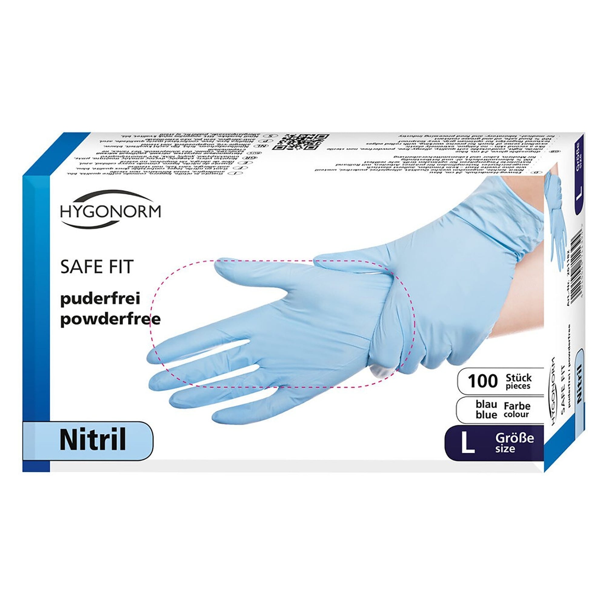 Gant jetable en nitrile Hygonorm Safe Fit, non poudré, sans latex, bleu, taille L, boîte de 100 - Franz Mensch 261182