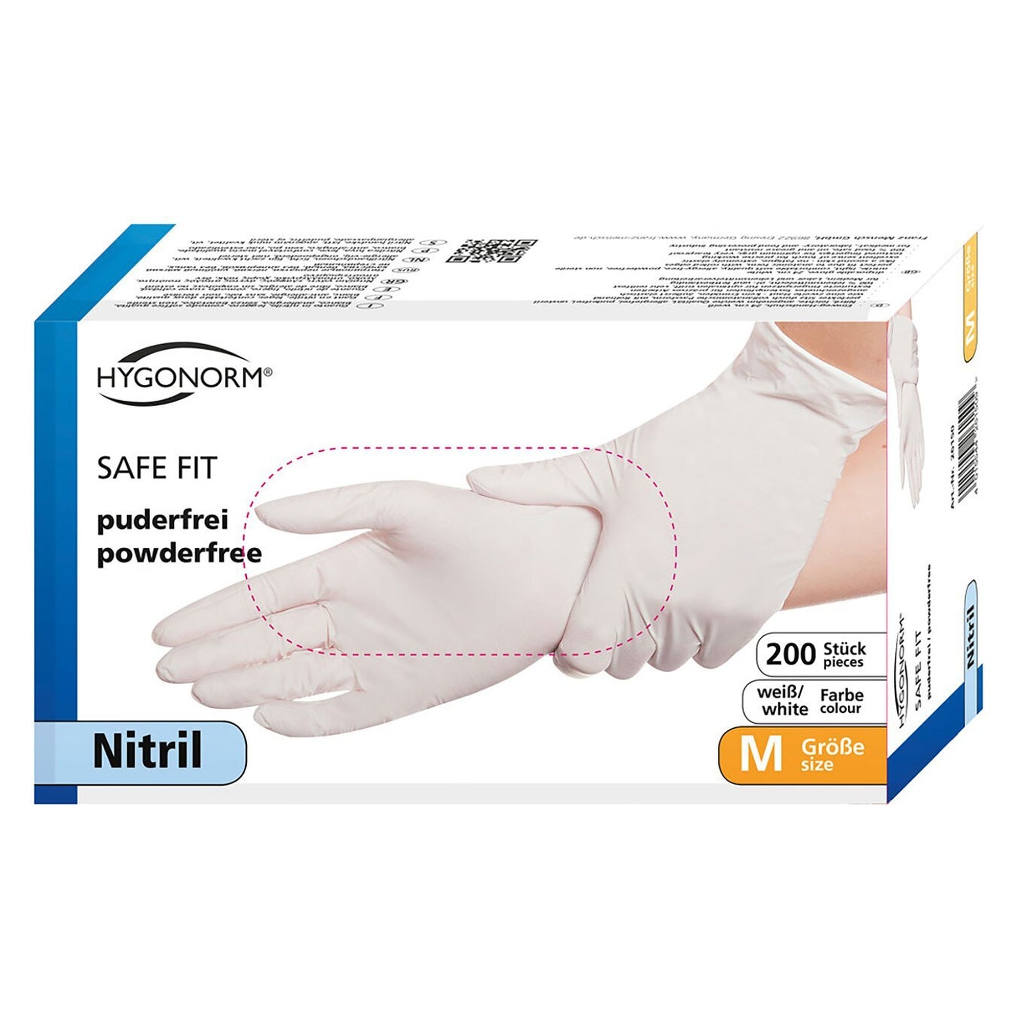 Nitrile disposable glove Hygonorm Safe Fit, powder-free, latex-free, white, size M, box of 200 - Franz Mensch 26150