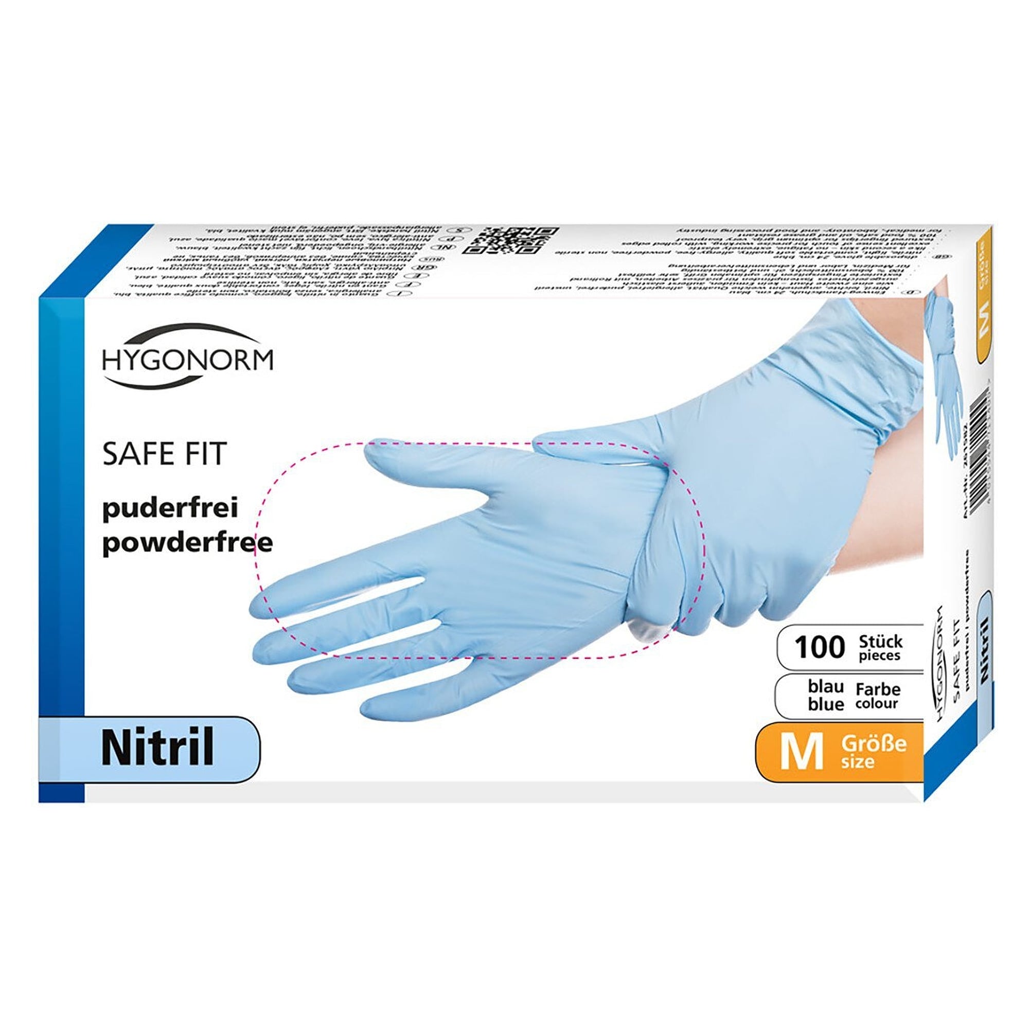 Gant jetable en nitrile Hygonorm Safe Fit, non poudré, sans latex, bleu, taille M, boîte de 100 - Franz Mensch 261582