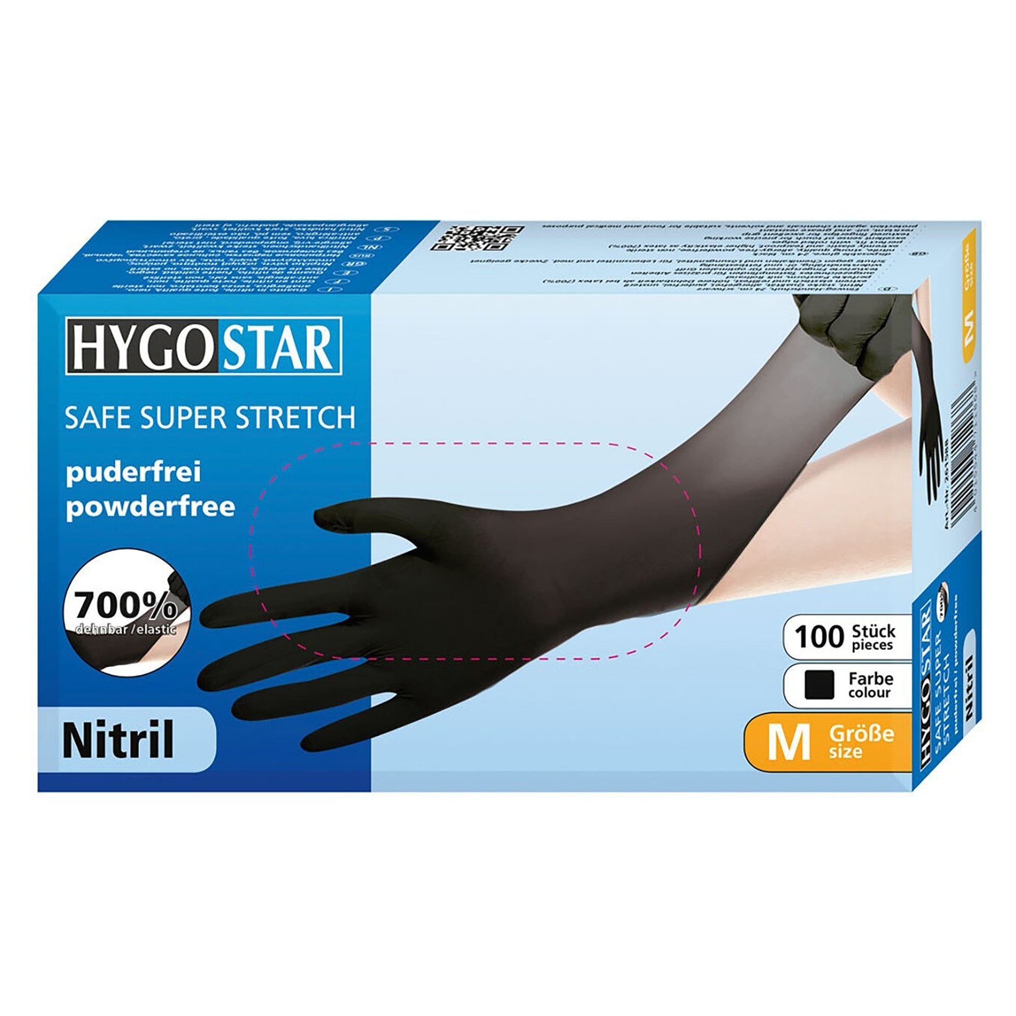 Nitril-Einweghandschuh Hygostar Safe Super Stretch, 700 % dehnbar, puderfrei, schwarz, Größe M - Franz Mensch 261588