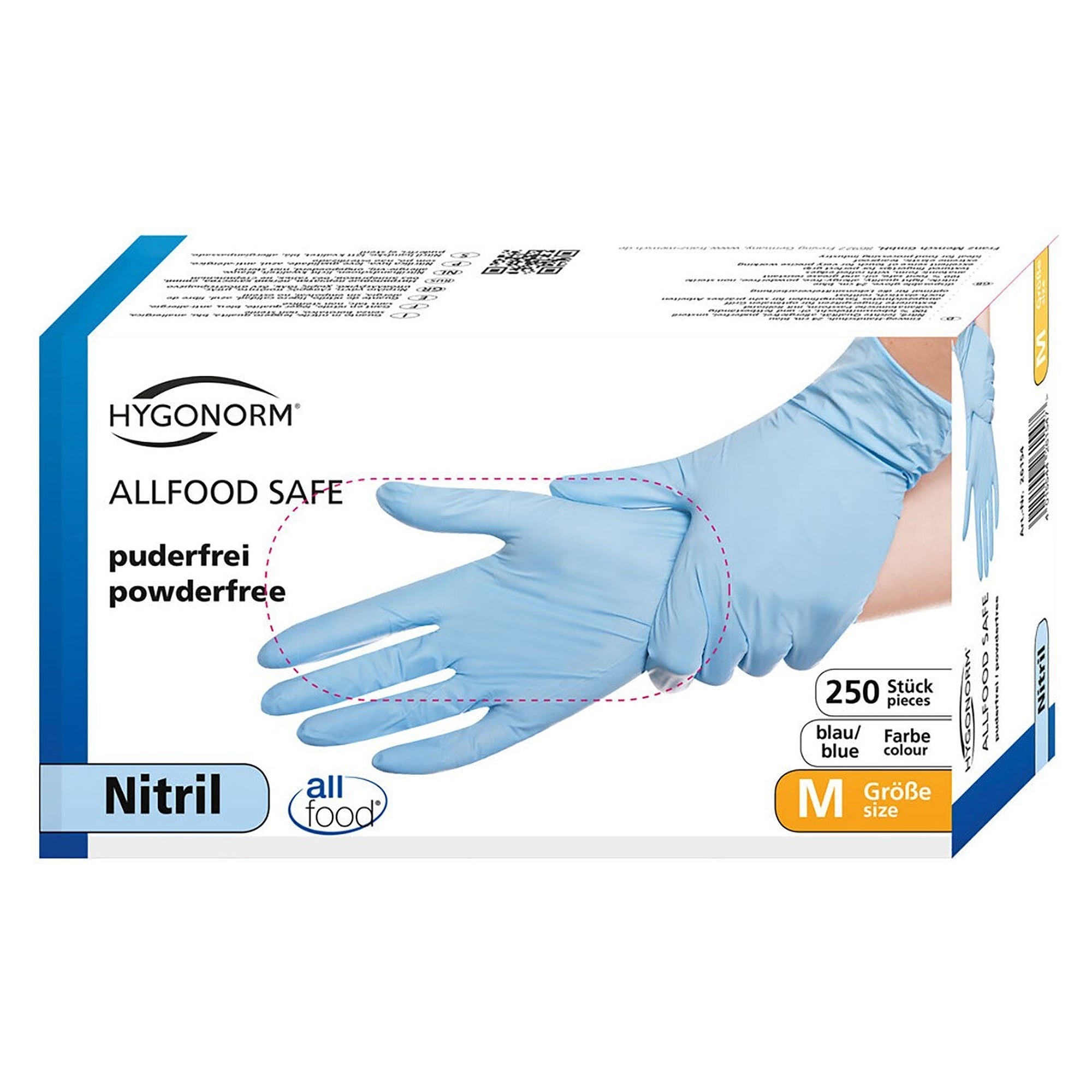 Nitril-Einweghandschuh Hygonorm Allfood Safe, lebensmittelecht, puderfrei, blau, Größe S, Box 250 - Franz Mensch 26164