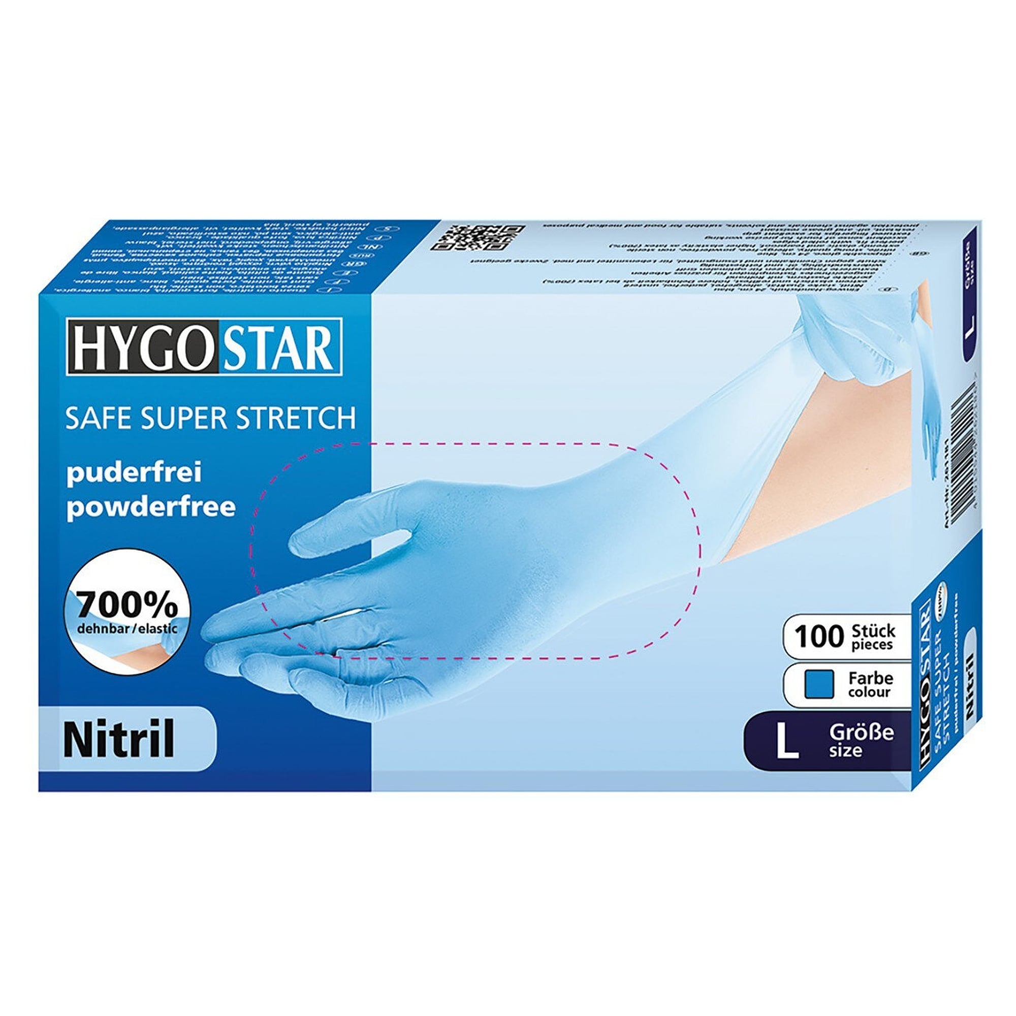 Nitril-Einweghandschuh Hygostar Safe Super Stretch, puderfrei, blau, Größe XS, 24 cm - Franz Mensch 261781