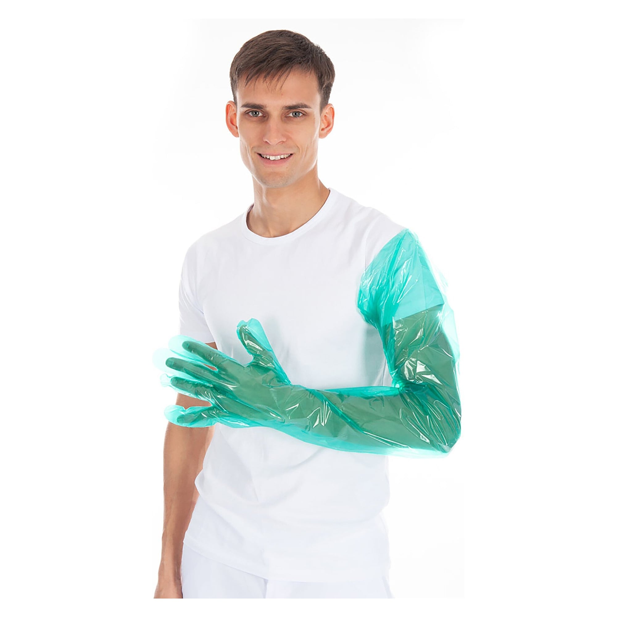 LDPE-Schutzhandschuh Hygostar Softline extra lang, 90 cm, bis über den Oberarm, grün, glatt - Franz Mensch 26207
