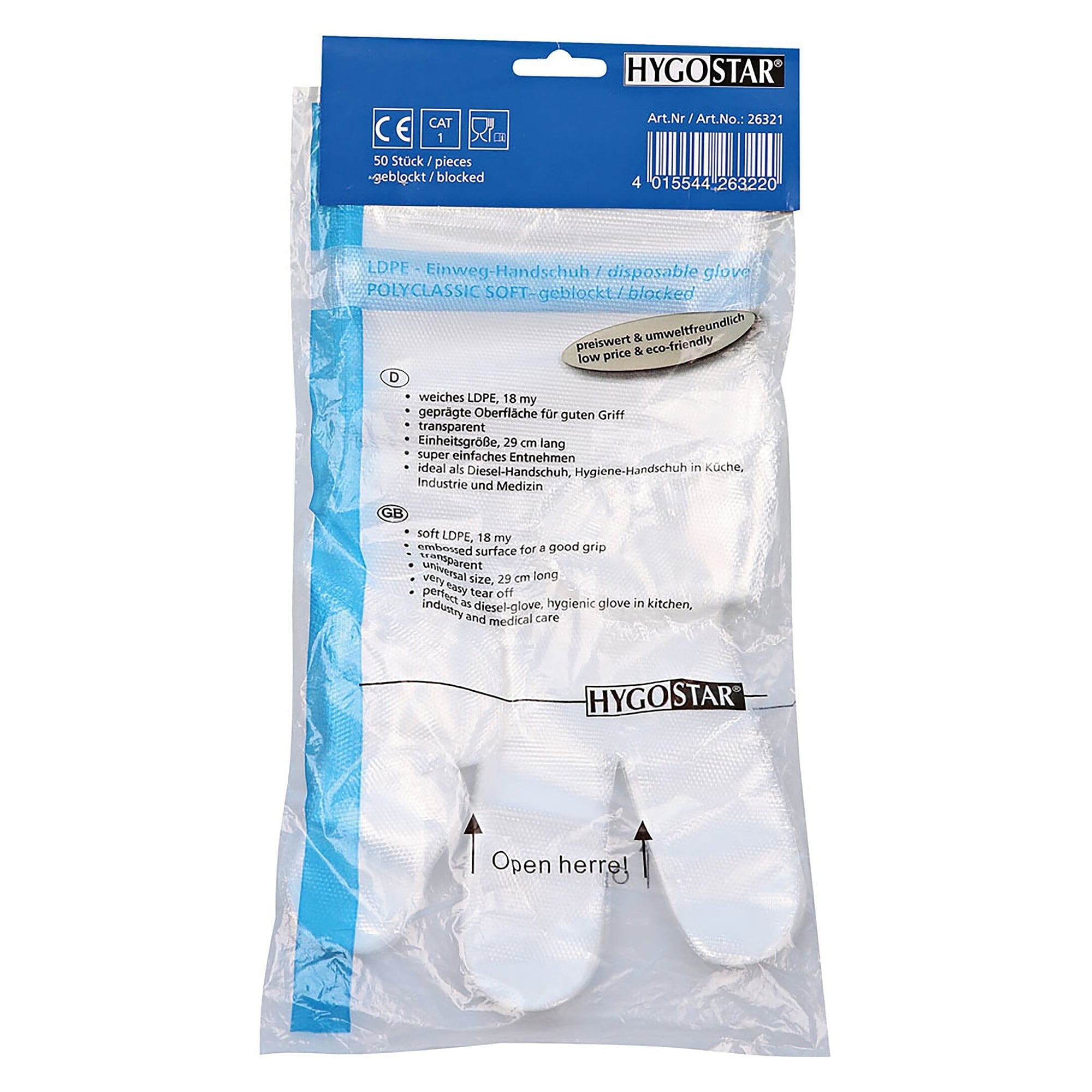 LDPE-Einweghandschuh Hygostar Polyclassic Soft, gehämmert, transparent, Größe L, 29 cm - Franz Mensch 26321
