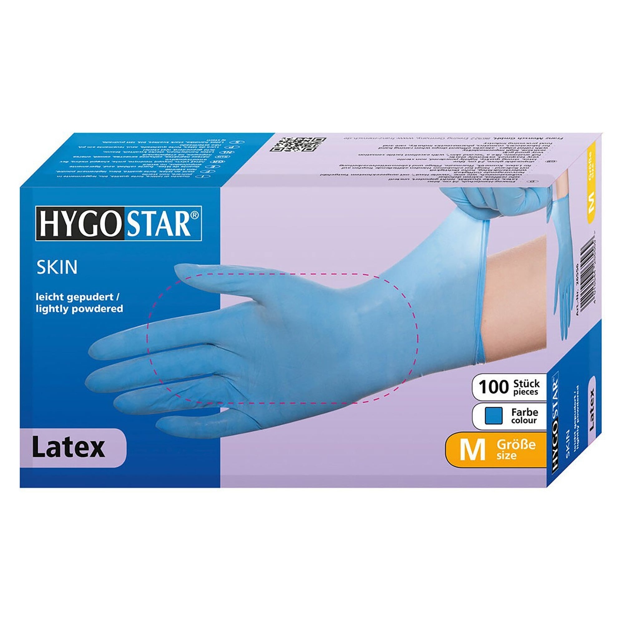 Latex-Einweghandschuh Hygostar Skin, leicht gepudert, blau, Größe M, 24 cm - Franz Mensch 26556