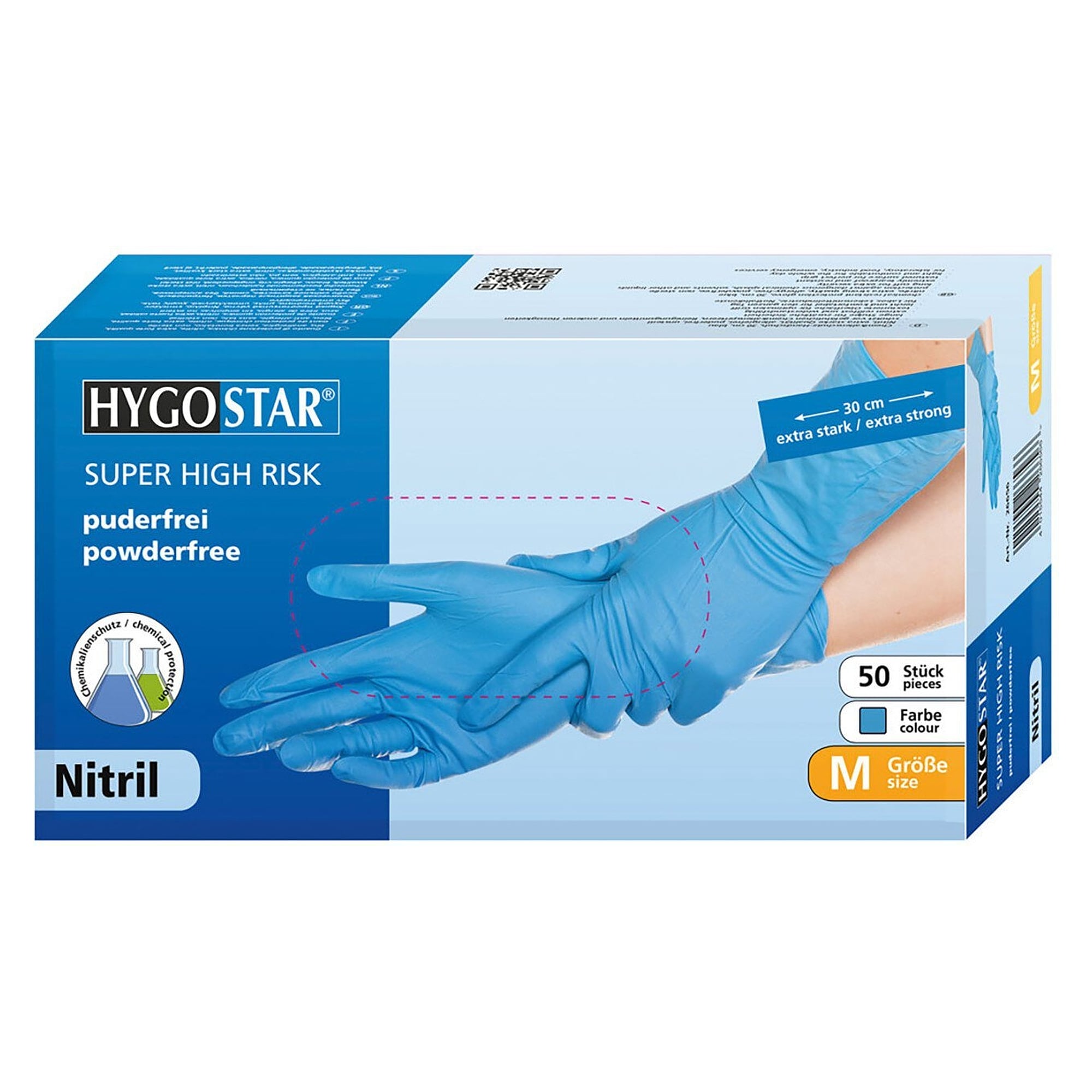 Nitril-Einweghandschuh Hygostar Super High Risk mit 30 cm Stulpe, blau, Größe XL, puderfrei - Franz Mensch 26606