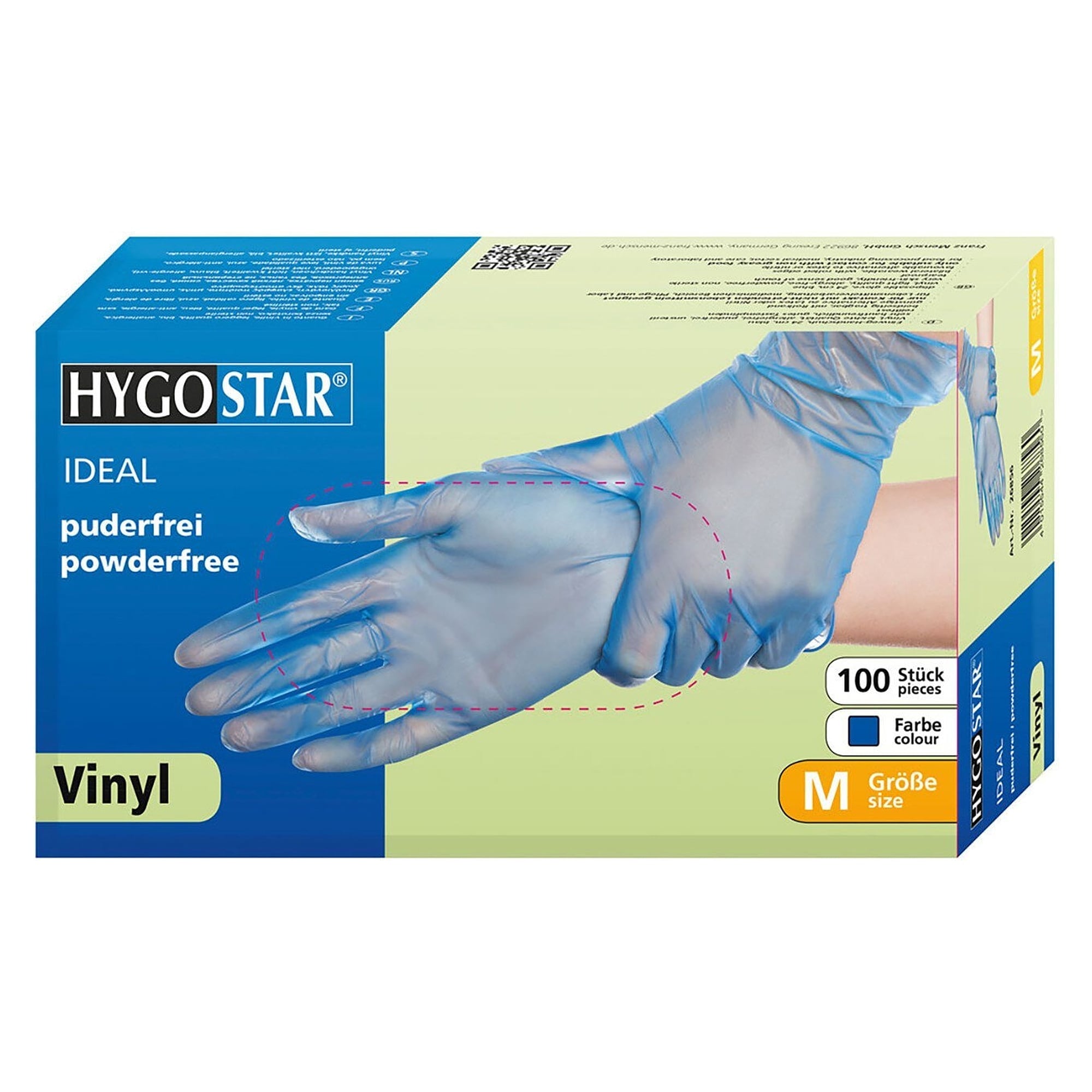 Vinyl-Einweghandschuh Hygostar Ideal, puderfrei, latexfrei, blau, Größe M, 24 cm - Franz Mensch 26856