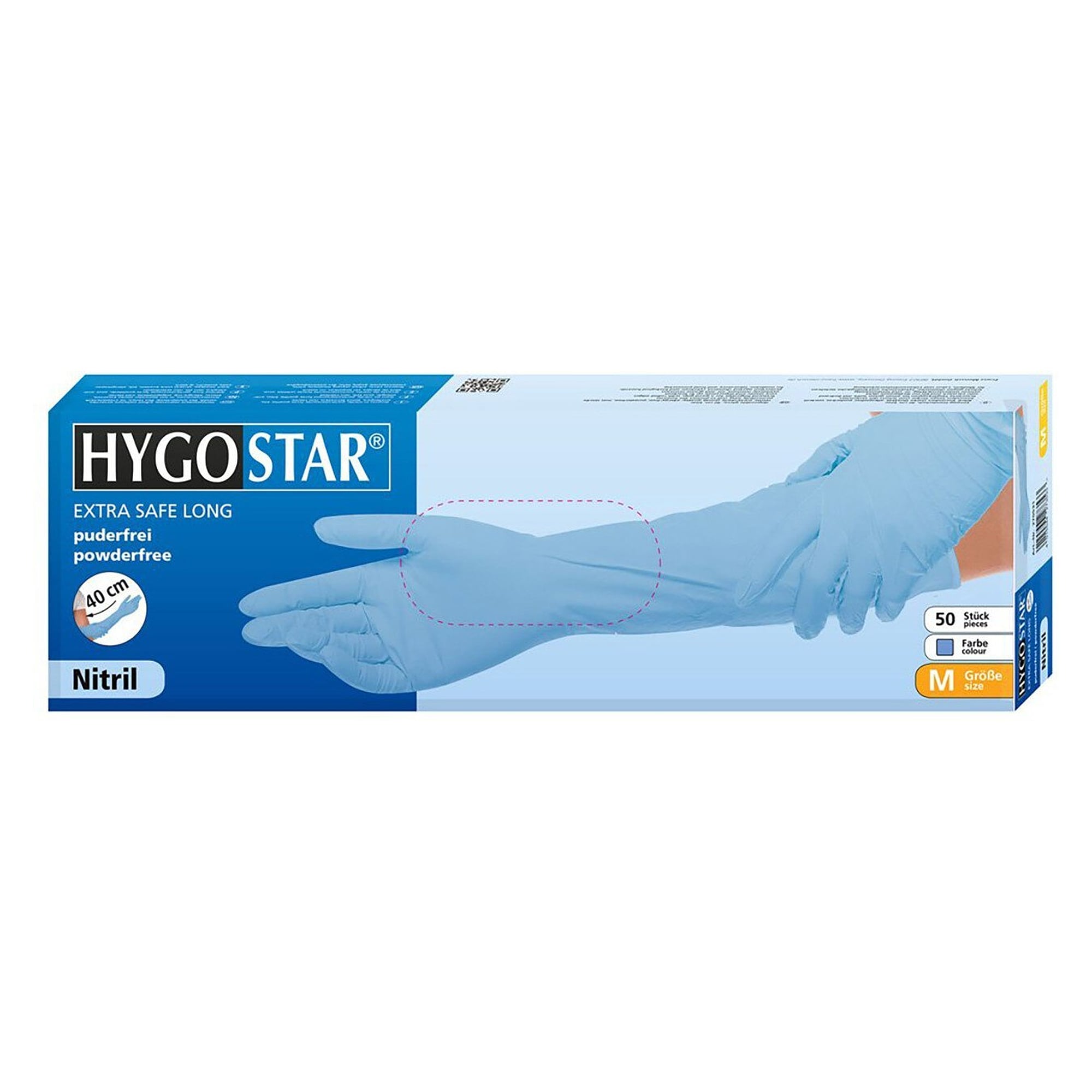 Gant jetable nitrile Hygostar Extra Safe Superlong, 40 cm, non poudré, bleu, taille L - Franz Mensch 270131