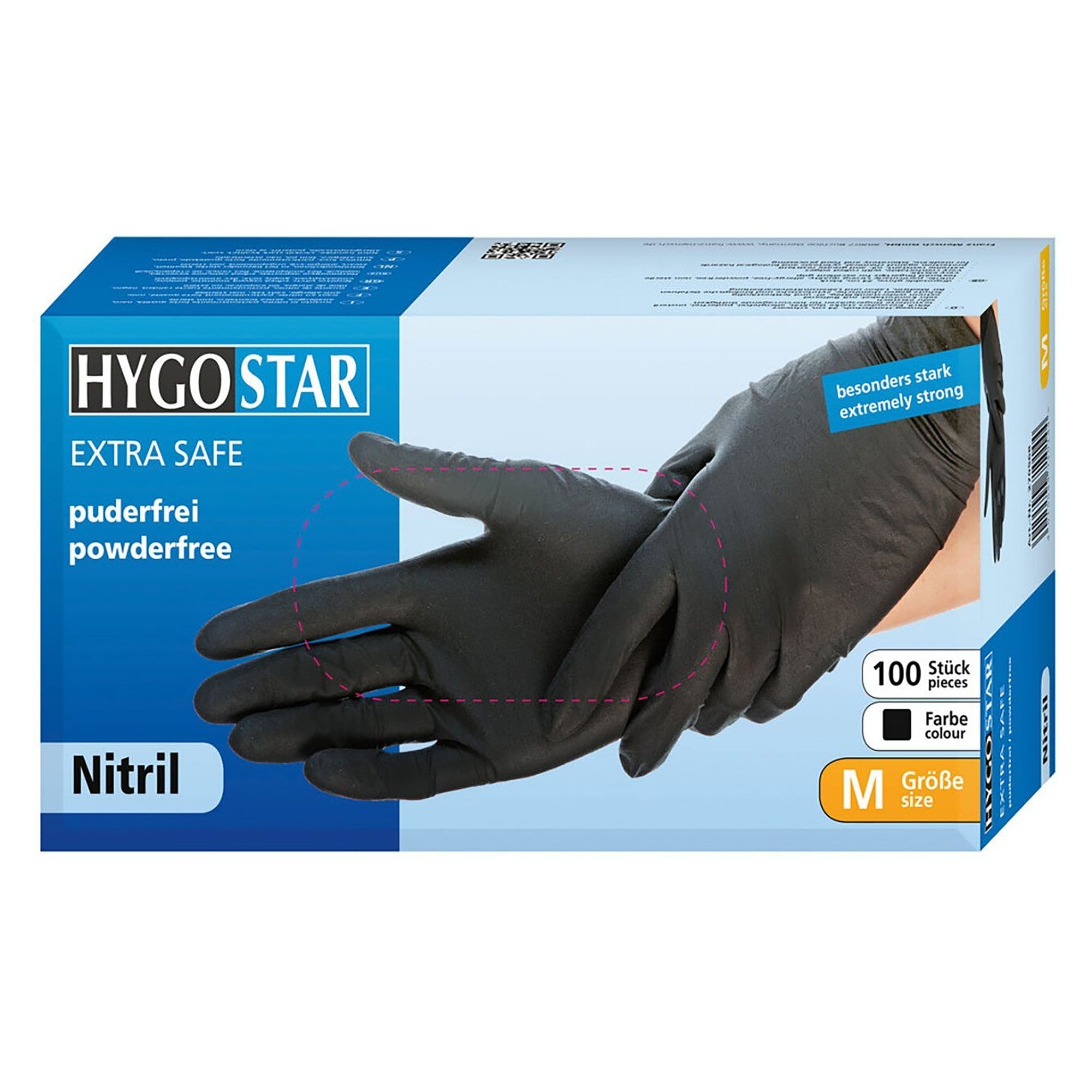 Nitril-Einweghandschuh Hygostar Extra Safe, 24 cm, dickere Wandstärke, puderfrei, schwarz, Größe L - Franz Mensch 270168