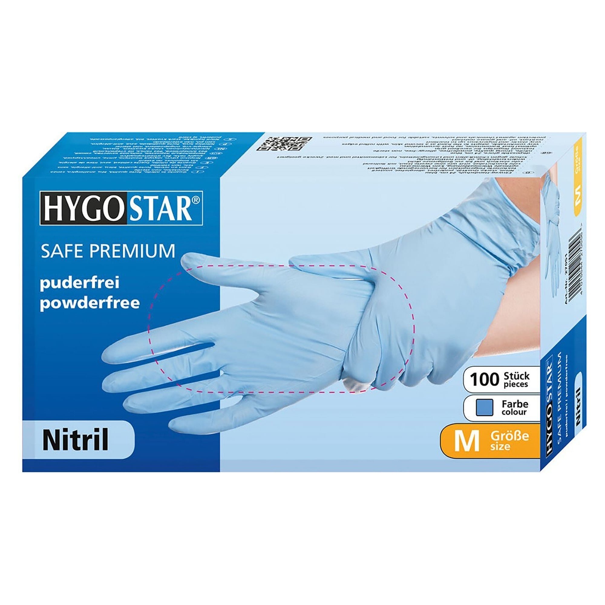 Nitril-Einweghandschuh Hygostar Safe Premium, 24 cm, puderfrei, blau, Größe M - Franz Mensch 27051