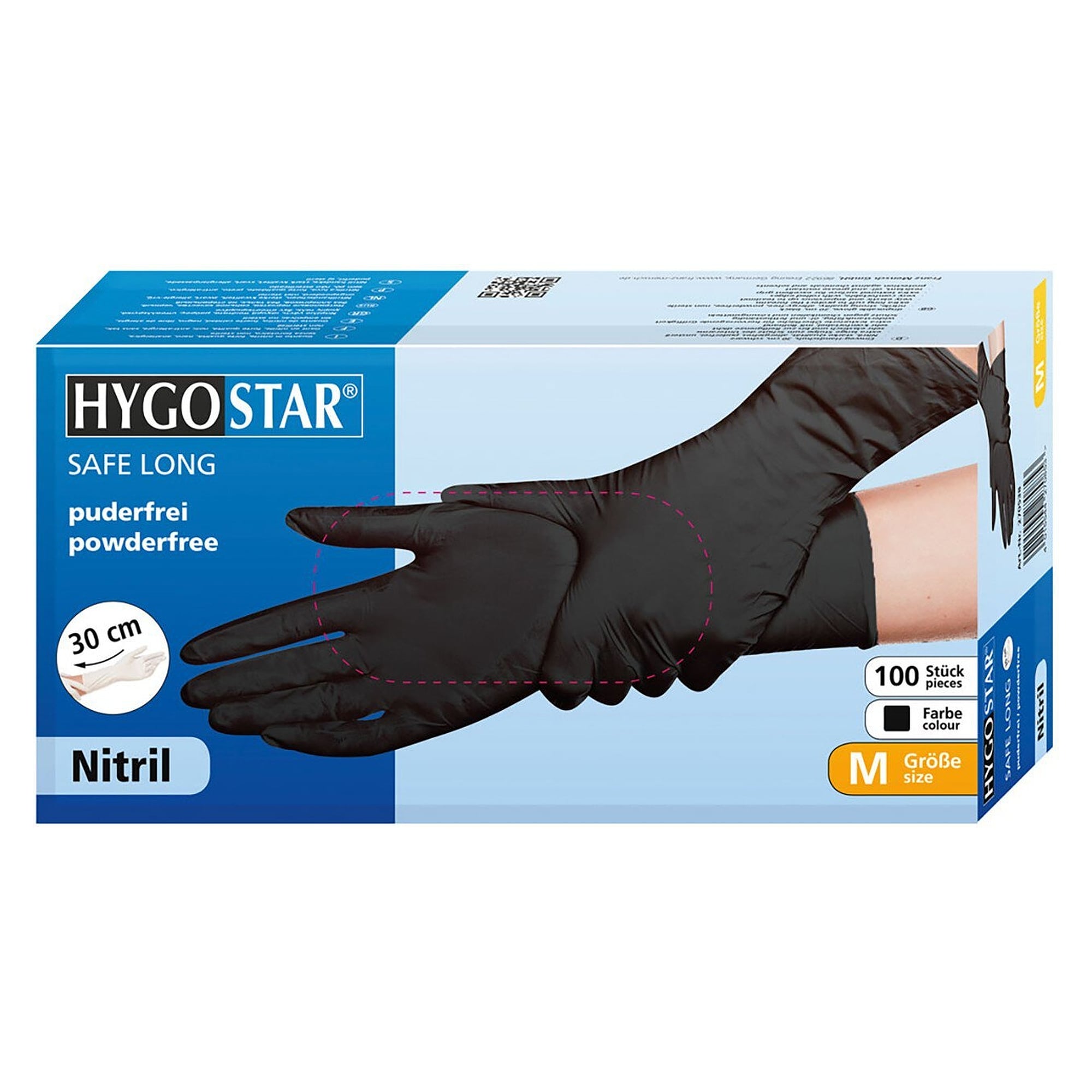 Gant jetable nitrile Hygostar Safe Long, 30 cm, non poudré, noir, taille M - Franz Mensch 270538