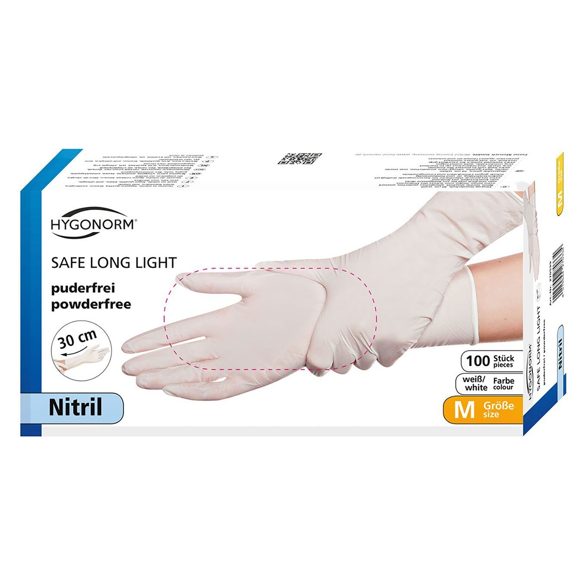 Gant jetable nitrile Hygonorm Safe Long Light, 30 cm, non poudré, blanc, taille M - Franz Mensch 270539