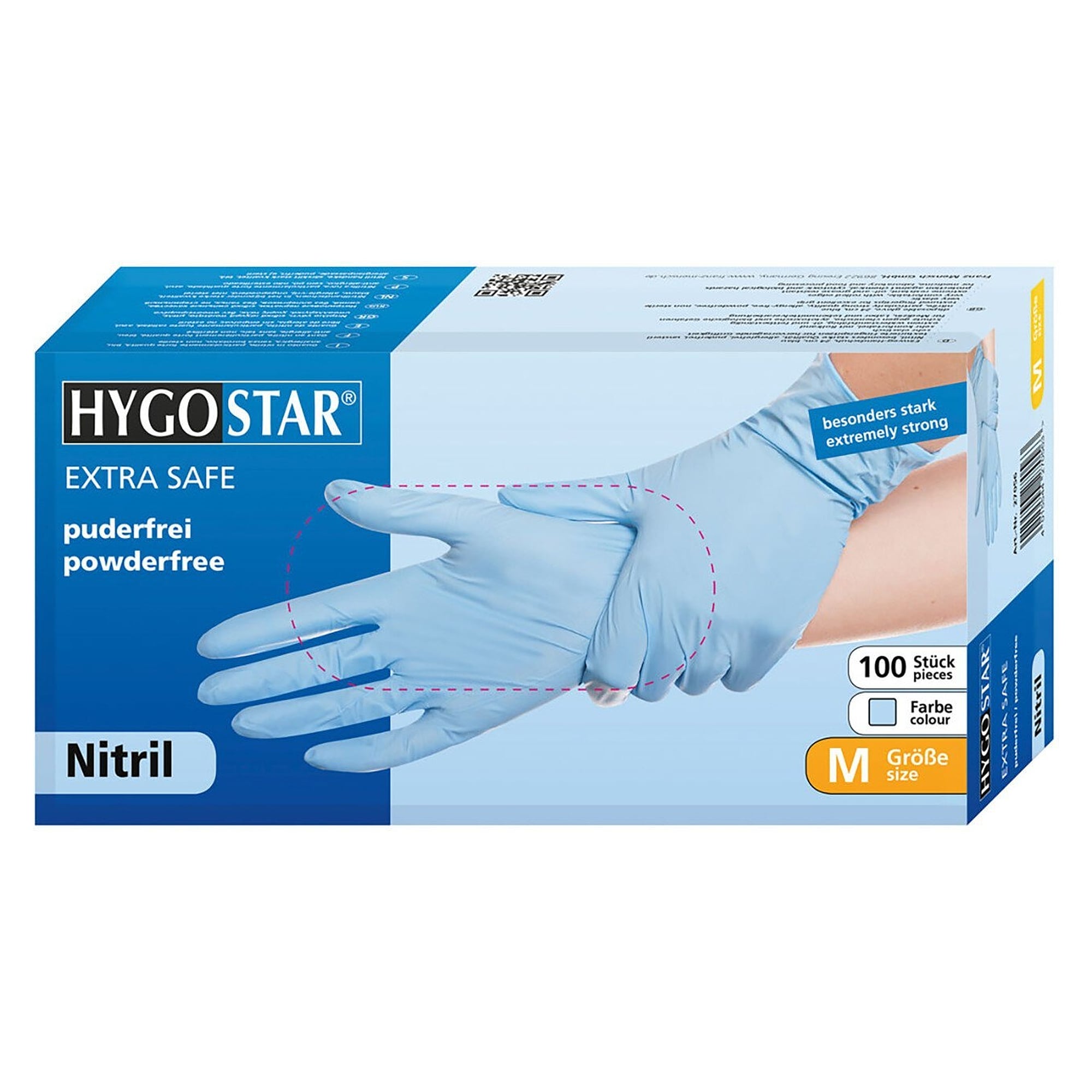 Nitril-Einweghandschuh Hygostar Extra Safe, 24 cm, puderfrei, blau, Größe M - Franz Mensch 27056