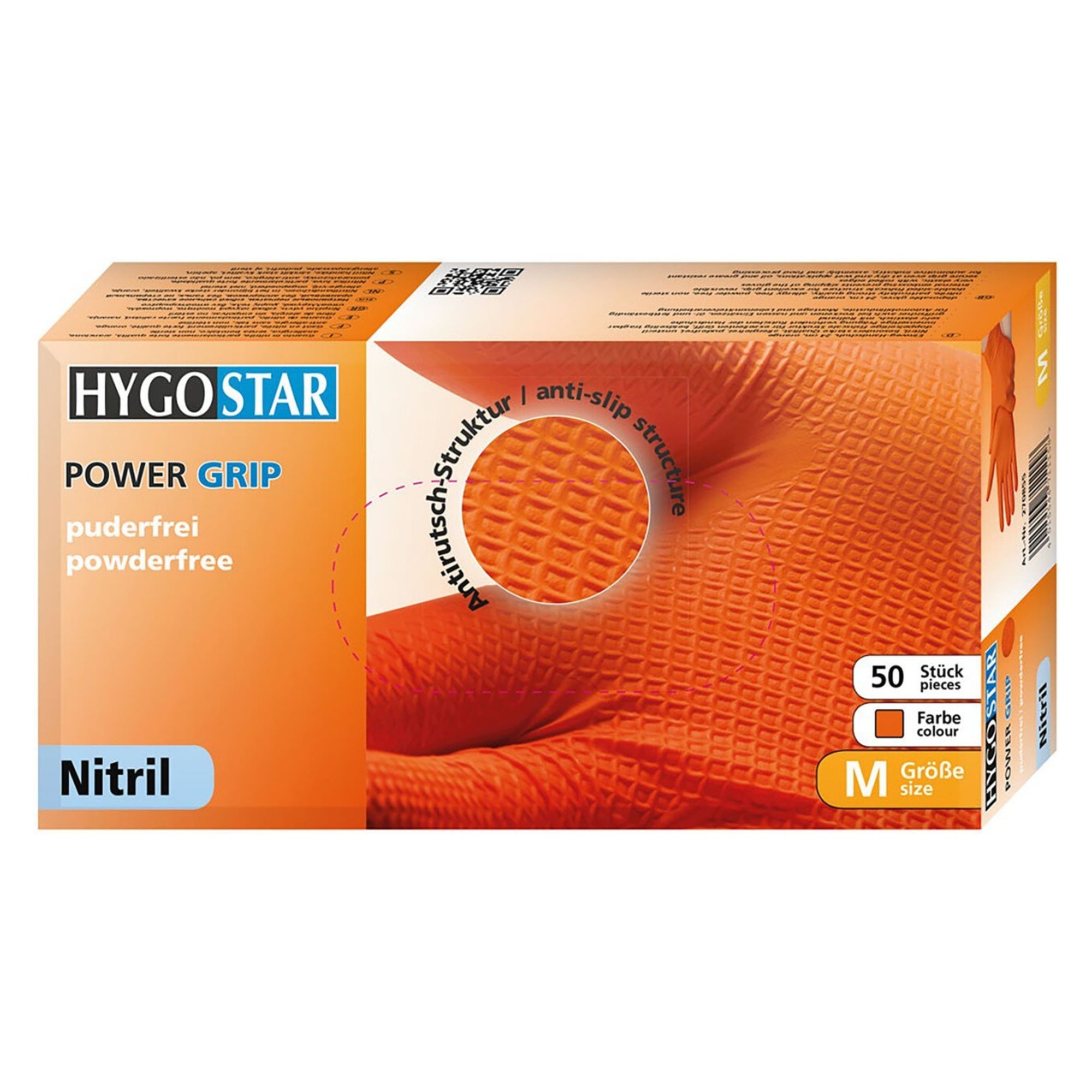 Nitril-Einweghandschuh Hygostar Power Grip, 24 cm, puderfrei, orange, Größe M - Franz Mensch 270855