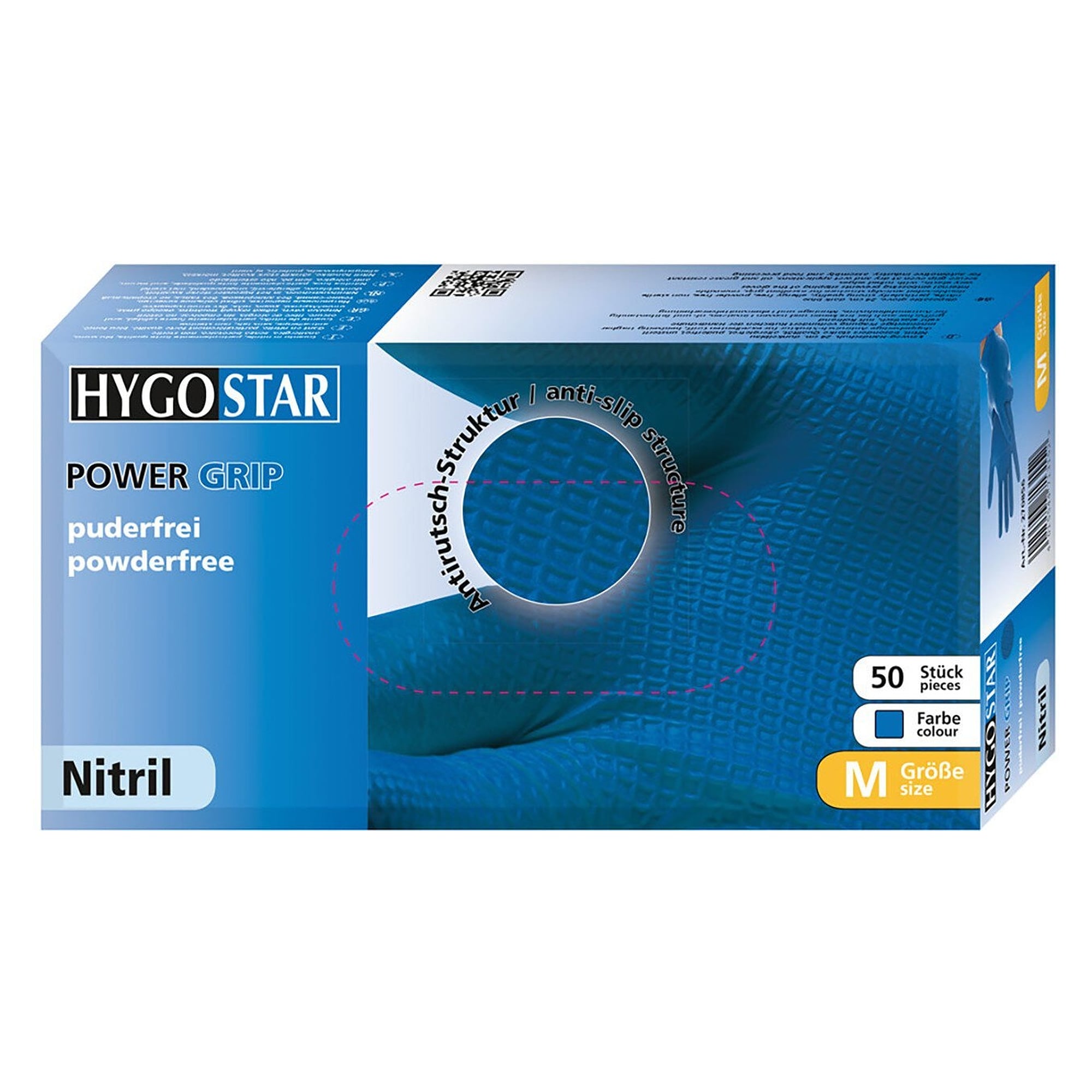 Gant jetable nitrile Hygostar Power Grip, 24 cm, non poudré, bleu, taille M - Franz Mensch 270856