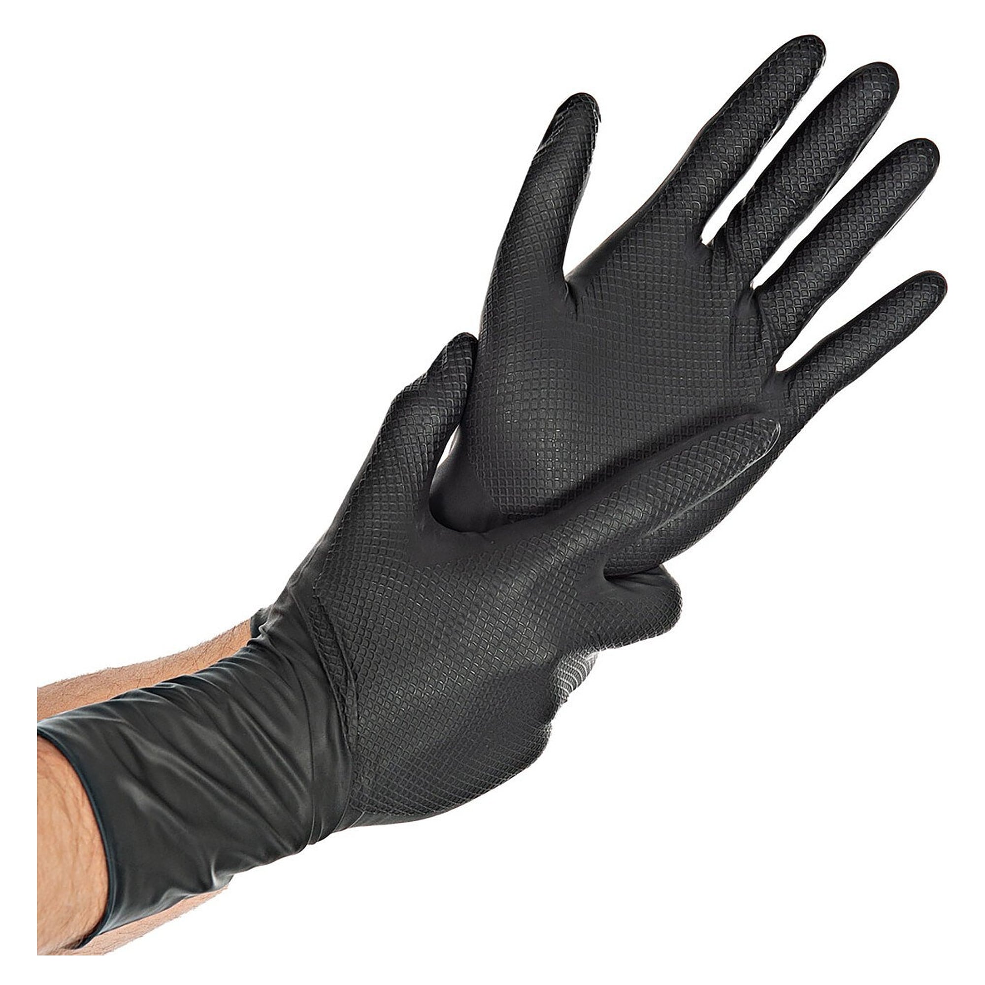 Gant jetable nitrile Hygostar Power Grip Long, 30 cm, double face, non poudré, noir, taille L - Franz Mensch 270918